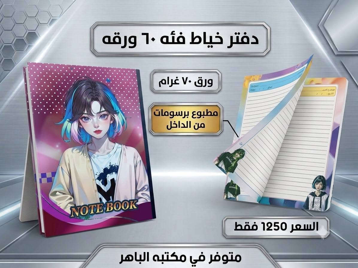 📚✨ دفتر خياط برسومات مميزة ✨📚
دفتر عملي وأنيق، مناسب للطلاب والاستخدام اليومي 💯
📝 ٦٠ ورقة
🎨 رسومات مطبوعة في الداخل
📄 ورق ٧٠ غرام
💰 السعر ١٢٥٠ دينار فقط
🔥 متوفر الآن في مكتبة الباهر
📍 العنوان: عنه – نهاية شارع الحضرة – قرب جامع النور
📲 للطلب والاستفسار:
***********
***********
🚚 التوصيل متوفر:
داخل قضاء عنه ١٠٠٠ دينار فقط
جميع المحافظات ٥٠٠٠ دينار فقط
