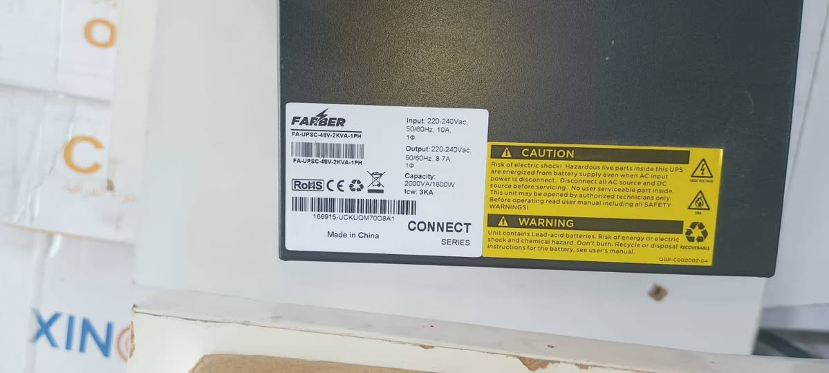 السلام عليكم جهاز  online UPS ماركة FARBER (عدد 2
جهاز UPS ماركة FARBER (جديد غير مستعمل)
القدرة: 2KVA / 1800W (نظام 48V).
الحالة: جديد 100% لم يستخدم أبداً، فقط الكارتون الخارجي تالف  
سعر القطعة 300 وبحالة اخذ جهازين اكو تخفيض 
***********
