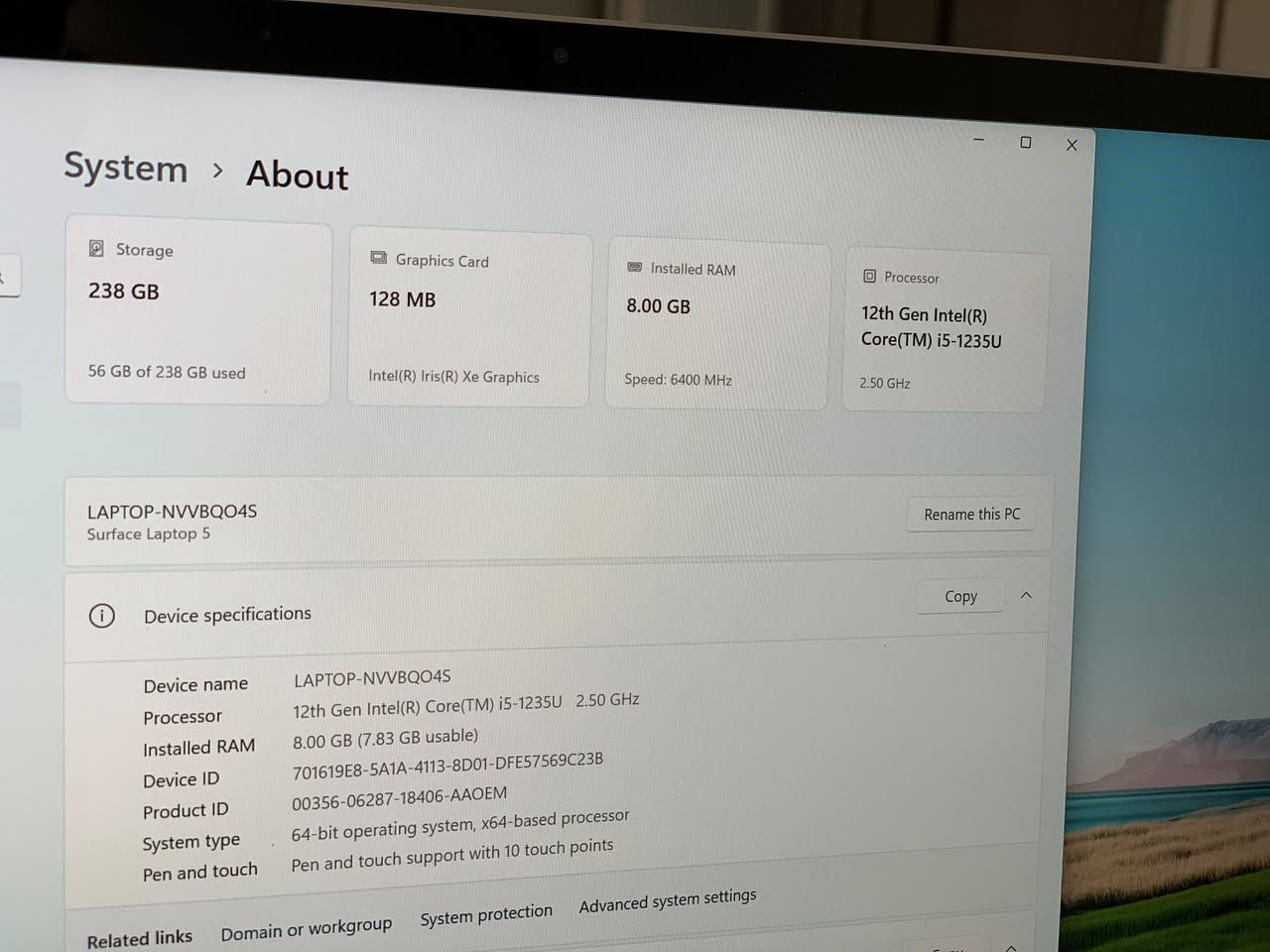 🔥💻 بۆ فرۆشتن | Microsoft Surface Laptop 5 💻🔥
✨ جوانی، خێرایی و شێوازی Premium لە یەک لاپتۆپدا!

🚀 Processor: Intel® Core™ i5 – 12th Gen (i5-1235U)
🧠 RAM: 8GB
💾 Storage: 256GB SSD
🖥️ Display: شاشەی Touch ـی کوالێتی بەرز
🎨 Graphics: Intel® Iris® Xe Graphics
🪟 Windows 11
🔋 Battery Cycle: تەنها 22 Cycle
🔋 Battery Health: نزیکەی 91٪

✨ دۆخی لاپتۆپ: زۆر پاک و جوان، ئامادەی بەکارهێنانە.

⚡ کارپێکردنی بەهێز و خێرا
🎓 گونجاو بۆ خوێندن و کار
💼 گونجاو بۆ ئۆفیس و کاروبار
🌐 گونجاو بۆ ئینتەرنێت و بەکارهێنانی ڕۆژانە
🎬 گونجاو بۆ فیلم و میدیا

🔥 ئەگەر لاپتۆپێکی جوان، سووک و Premium دەگەڕێیت، ئەمە هەڵبژاردەیەکی زۆر باشە.

📞 بۆ نرخ و زانیاری زیاتر:
***********

📦 گەیاندن بۆ شارەکان بەردەستە

نص مكتوب في الصور:
- System > About Storage 238 GB 56 GB of 238 GB used Graphics Card 128 MB Intel(R) Iris(R) Xe Graphics Installed RAM 8.00 GB Speed: 6400 MHz Processor 12th Gen Intel(R) Core(TM) i5-1235U 2.50 GHz LAPTOP-NVVBQO4S Surface Laptop 5 Rename this PC Copy Device specifications Device name LAPTOP-NVVBQO4S Processor 12th Gen Intel(R) Core(TM) i5-1235U 2.50 GHz Installed RAM 8.00 GB (7.83 GB usable) Device ID 701619E8-5A1A-4113-8D01-DFE57569C23B Product ID 00356-06287-18406-AAOEM System type 64-bit operating system, x64-based processor Pen and touch Pen and touch support with 10 touch points Related links Domain or workgroup System protection Advanced system settings
- COMPUTER NAME
- LAPTOP-NVVBQO4S
- SYSTEM PRODUCT NAME
- Microsoft Corporation Surface Laptop 5
- BIOS
- 21.106.143 03/13/2025
- OS BUILD
- 26100.1.amd64fre.ge_release.240331-1435
- PLATFORM ROLE
- Mobile
- CONNECTED STANDBY
- Supported
- REPORT TIME
- 2026-06-06 02:37:52
- Installed batteries
- Information about each currently installed battery
- BATTERY 1
- NAME
- SurfaceBattery
- MANUFACTURER
- DYN
- SERIAL NUMBER
- 0000232236
- CHEMISTRY
- LION
- DESIGN CAPACITY
- 47,700 mWh
- FULL CHARGE CAPACITY
- 43,250 mWh
- CYCLE COUNT
- 22