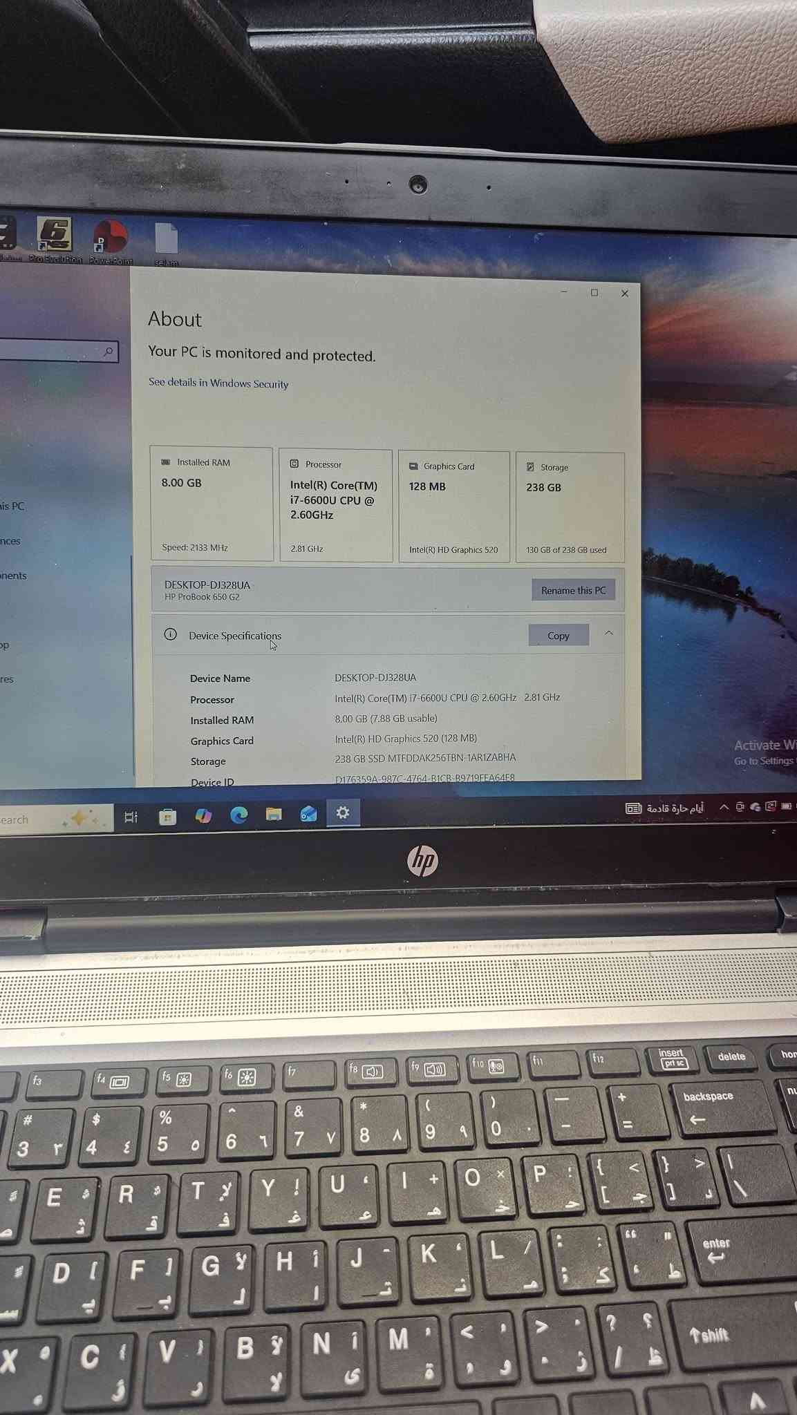 لابتوب HP للبيع – نظيف ومرتب
🔹 المعالج: Intel Core i7-6600U
🔹 الجيل: السادس
🔹 الرام: 8GB
🔹 التخزين: SSD 238GB
🔹 كرت الشاشة: Intel HD Graphics 520
🔹 النظام: Windows 10 – 64 Bit
🔹 مناسب للدراسة والجامعة والبرامج الهندسية مثل AutoCAD وArchiCAD
🔹 الجهاز شغال بصورة جيدة ونظيف

💰 السعر: 300 ألف دينار
📍 المكان: بغداد
📞 ***********

نص مكتوب في الصور:
- About Device Specifications Copy Device Name DESKTOP-DJ328UA Processor Intel(R) Core(TM) i7-6600U CPU @ 2.60GHz 2.81 GHz Installed RAM 8.00 GB (7.88 GB usable) Graphics Card Intel(R) HD Graphics 520 (128 MB) Storage 238 GB SSD MTFDDAK256TBN-1AR1ZABHA Device ID D176359A-987C-4764-B1CB-B9719FEA64E8 Product ID 00331-10000-00001-AA750 System Type 64-bit operating system, x64-based processor Pen and touch No pen or touch input is available for this display Frequently asked questions How does having 8-16 GB of RAM impact my PC's performance? Can I run modern applications smoothly with this RAM capacity? Is my GPU sufficient for high end gaming and video experience? How can having a dedicated GPU enhance my experience and productivity? Am I running the latest version of the Windows OS? What is the latest Windows version? Windows Specifications Copy
- About Your PC is monitored and protected. See details in Windows Security Installed RAM 8.00 GB Speed: 2133 MHz Processor Intel(R) Core(TM) i7-6600U CPU @ 2.60GHz 2.81 GHz Graphics Card 128 MB Intel(R) HD Graphics 520 Storage 238 GB 130 GB of 238 GB used DESKTOP-DJ328UA HP ProBook 650 G2 Rename this PC Device Specifications Copy Device Name DESKTOP-DJ328UA Processor Intel(R) Core(TM) i7-6600U CPU @ 2.60GHz 2.81 GHz Installed RAM 8.00 GB (7.88 GB usable) Graphics Card Intel(R) HD Graphics 520 (128 MB) Storage 238 GB SSD MTFDDAK256TBN-1AR1ZABHA Device ID D176359A-987C-4764-B1CB-B9719FEA64F8