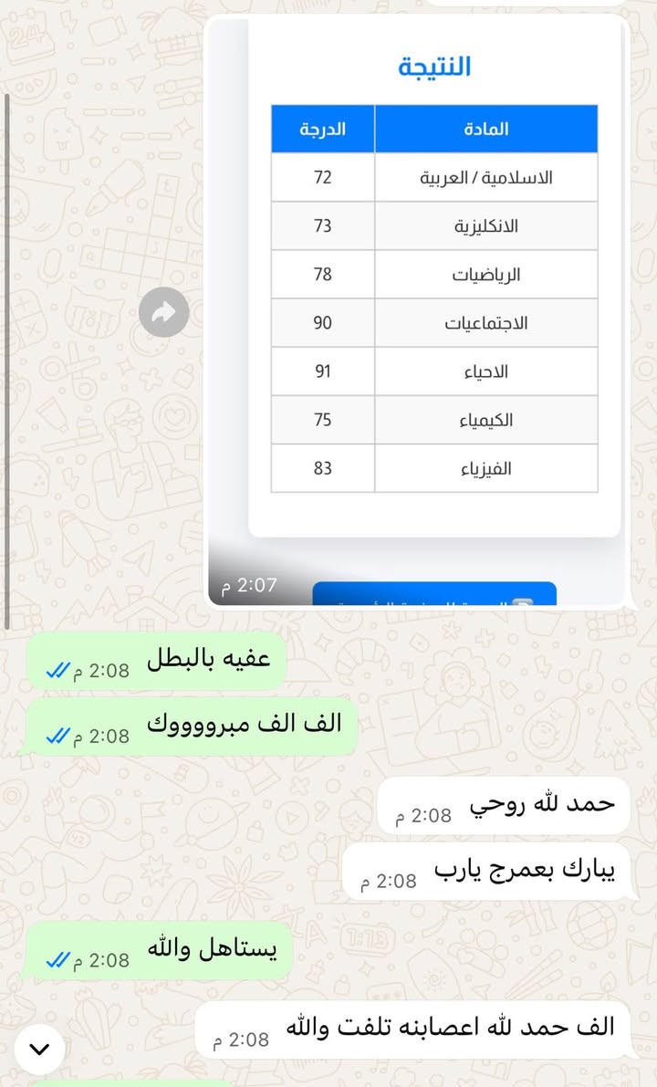 السلام عليكم
تعلن الاستاذه ميامي علي

 لقرب العام الدراسي الجديد نبدأ بدروس التقوية للمواد العلمية لصفوف 
الاول والثاني  متوسط مع ضمان الإعفاء 
للمواد العلميه ( رياضيات/ فيزياء/انكليزي)

امتحانات يوميه وشهريه لضمان ضبط الماده 

وكذلك تحضير الواجبات والدروس اليوميه
للحصول على التفوق وضمان الاعفاء 

للاستفساراكثر  مراسلة واتساب او الاتصال*********** 

حي العدل شارع الاسواق

نص مكتوب في الصور:
- النتيجة الدرجة المادة 72 الاسلامية / العربية 73 الانكليزية 78 الرياضيات 90 الاجتماعيات 91 الاحياء 75 الكيمياء 83 الفيزياء
- النتيجة الدرجة المادة 73 الاسلامية/العربية 76 الانكليزية 92 الرياضيات 100 الاجتماعيات 98 الأحياء 95 الكيمياء 100 الفيزياء
- النتيجة المادة الدرجة الاسلامية / العربية 72 الانكليزية 73 الرياضيات 78 الاجتماعيات 90 الاحياء 91 الكيمياء 75 الفيزياء 83 2:07 م عفيه بالبطل 2:08 م الف الف مبرووووك 2:08 م حمد لله روحي 2:08 م يبارك بعمرج يارب 2:08 م يستاهل والله 2:08 م الف حمد لله اعصابنه تلفت والله 2:08 م
- معلومات النتيجة المادة الدرجة الاسلامية/ العربية 54 الانكليزية 53 الرياضيات 80 الاجتماعيات 50 الأحياء 36 الكيمياء 50 الفيزياء 68
- طمينين 2:44 م شطلع خالد 2:44 م هلو ست الحمد لله ناجح معدله ٨٥ 4:25 م الف الف الحمدالله الف مبروك يستاهل كل الخير 4:27 م
- معلومات النتيجة المادة الدرجة الاسلامية/ العربية 88 الانكليزية 96 الرياضيات 96 الاجتماعيات 95 الأحياء 86 الكيمياء 60 الفيزياء 96 ملاحظة: هذه النتيجة لا تُعد وثيقة رسمية، ويجب الاعتماد على الوثائق الورقية الصادرة من الوزارة.
- نحجو الولد صددددددك صددددددك اللهم صلى على محمد وال محمد ماشاءالله الف الف مبروك عاشت ايدهم خوش درجات 4:24 PM