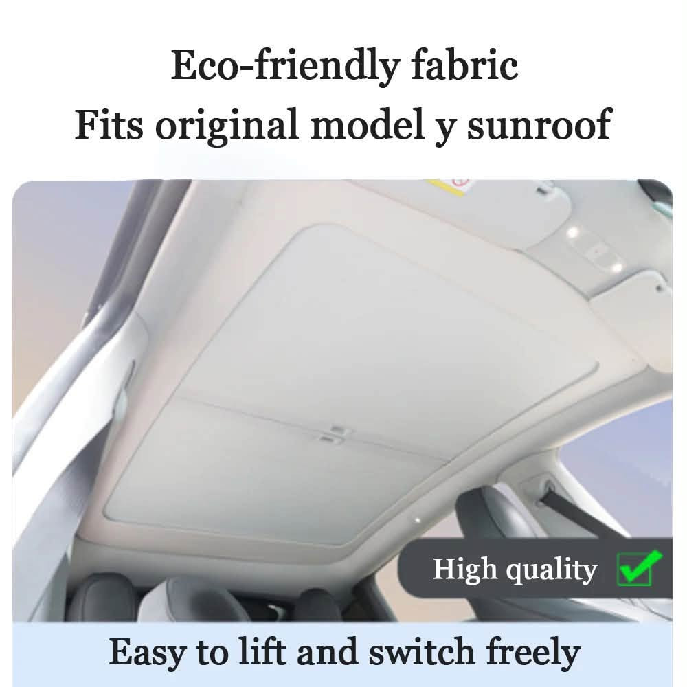***********

نص مكتوب في الصور:
- Eco-friendly fabric Fits original model y sunroof High quality Easy to lift and switch freely