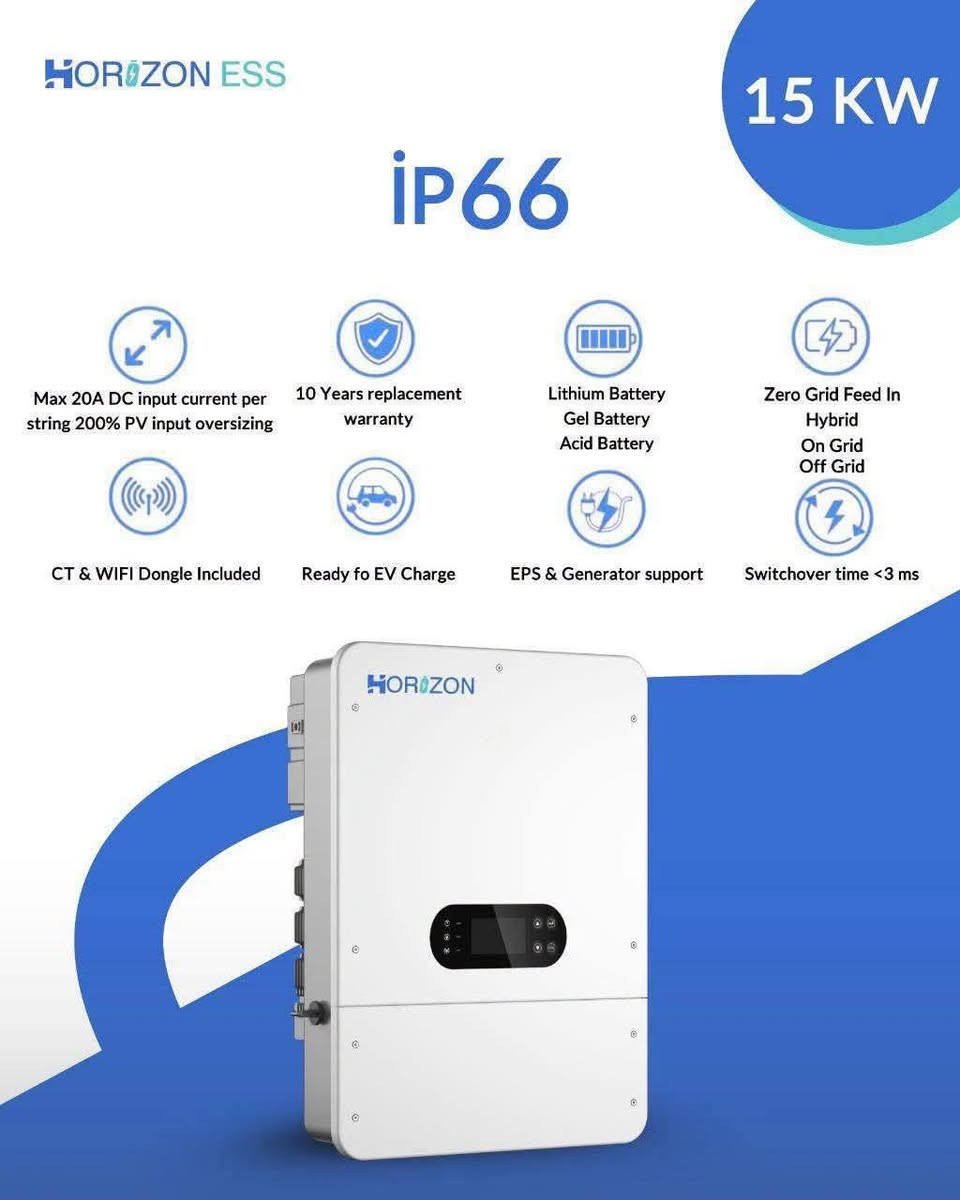 ☀️⚡ HORIZON | منظومة متكاملة من الطاقة الشمسية ⚡☀️
متوفر الآن لدى 220 للطاقة الشمسية
━━━━━━━━━━━━━━
🔌 الإنفيرترات | INVERTERS
◾ IP21 | OFF-GRID
4 KW • 6 KW • 11 KW
🛡️ ضمان 18 شهر استبدال
◾ IP65 | HYBRID
6.5 KW • 8.5 KW
◾ IP66 | MIKA | HYBRID
6 KW
🛡️ ضمان 5 سنوات
◾ IP66 | HYBRID | SINGLE PHASE
6 KW • 8 KW • 10 KW • 12 KW
🛡️ ضمان 10 سنوات استبدال
◾ IP66 | HYBRID | THREE PHASE
12 KW • 15 KW • 20 KW • 50 KW
🛡️ ضمان 10 سنوات استبدال
━━━━━━━━━━━━━━
🔋 بطاريات HORIZON | LITHIUM
16 KWh | 12,000 دورة
🛡️ ضمان 10 سنوات استبدال
16 KWh | 8,000 دورة
🛡️ ضمان 7 سنوات
32 KWh | 12,000 دورة
🛡️ ضمان 10 سنوات استبدال
━━━━━━━━━━━━━━
☀️ HORIZON — خيارات متعددة لتلبية مختلف احتياجات الطاقة
📍 220 للطاقة الشمسية
كركوك – طريق بغداد – مجاور دائرة صحة كركوك
wa.me/+9647726668921
wa.me/+9647726668928
تجهيز • تنصيب • حلول طاقة شمسية متكاملة
#220_للطاقة_الشمسية #HORIZON #هورايزان #الطاقة_الشمسية #انفيرتر #بطاريات_ليثيوم #كركوك #SolarEnergy #HybridInverter

نص مكتوب في الصور:
- HORIZON ESS Power Beyond Limits كفالة 10 تبديل HZ20K-ET-L-G10 20kw 3PH hybrid inverter 48v HORIZON مدخل للمولد ومخرج ثنائي للأحمال TWIN الانفرتر صامت (مستوى الضجيج اقل من 40DB) يدعم Micro-Grid Operation قدرة إقلاع مضاعفة @10S 40KW الوزن 49.7 كغ الأبعاد 756*551*258 مم جهد تشغيل 1000V-150:MPPT 4 MPPT مستقلة زمن تحويل سريع 4 ميلي ثانية يدعم الربط PARALLEL حتى 10 أجهزة التبريد: COOLING SMART FAN يدعم التحميل غير المتوازن حتى 150% متوافق مع بطاريات LITHIUM + LEAD ACID مدخلين بطاريات 416A شحن وتفريغ يتحمل قدرة ألواح مضاعفة حتى 40KW تيار دخل من الألواح A(20+20+20+20) درجة الحماية IP66
- HORIZON تبديل كفالة 10 سنوات 20KW HYBRID INVERTER
- HORIZON 32KWH Horizon by Trina Storage
- HORIZON ESS 15 KW IP66 Max 20A DC input current per string 200% PV input oversizing 10 Years replacement warranty Lithium Battery Gel Battery Acid Battery Zero Grid Feed In Hybrid On Grid Off Grid CT & WIFI Dongle Included Ready fo EV Charge EPS & Generator support Switchover time <3 ms
- HORIZON 16 Kw Horizon Lithium Battery 314Ah - 51.2V - 12000 Cycles 10 YEARS Warranty
- HORIZON
- IP66
- 12KW - 15KW - 20KW / 3PH Hybrid Inverter
- 10 YEARS REPLACEMENT WARRANTY
- HORIZON IP66 HYBRID INVERTER SINGLE PHASE HORIZON Parallel Operation Up to 6 Units MPPT 50-500Vdc (6 KW) 2 Independent AC Inputs 2 Outputs High E ciency Max.98% Wi-Fi Touchscreen
- HORIZON 6 KW Hi series High frequency inverter
- HORIZON 4 KW Hi series High frequency inverter
