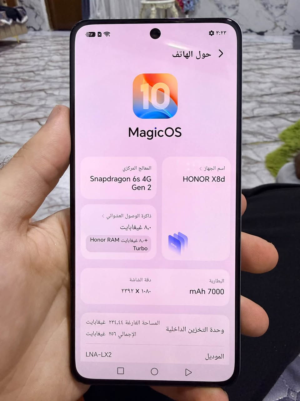 هونر x8d اعلى فئه
بطارية 7000 ذاكرته 256 رام 16
تلفون نضيف 
وتساب او اتصال ***********

نص مكتوب في الصور:
- ٣:٢٣ ٦٣ حول الهاتف 10 MagicOS اسم الجهاز HONOR X8d المعالج المركزي Snapdragon 6s 4G Gen 2 ذاكرة الوصول العشوائي ٨,٠ غيغابايت ٨,٠+ غيغابايت Honor RAM Turbo دقة الشاشة ٢٣٩٢ x ١٠٨٠ البطارية mAh 7000 وحدة التخزين الداخلية المساحة الفارغة ٢٣٤,٤٤ غيغابايت الإجمالي ٢٥٦ غيغابايت الموديل LNA-LX2
