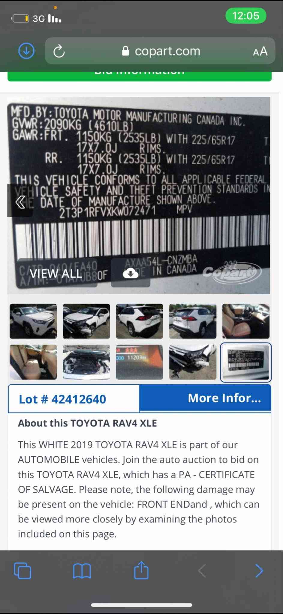 سيارة راف فور 2019 
مواصفات XLE 
AWD دبل اكسل اوتو
حساسات خلفية وأمامية وجانبية 
مرايات كهرباء 
بصمة 
سلايت 
6 وضعيات قيادة 
نقطة عمياء 
رادار امامي 
رادار جانبي 
رقم وسنوية جديد لسنة 2032 
رقم سيارة مميز 
سيارة عنده بطاقة بنزين 
ايرباك السيارة مسوي سستم كامل وشغال مو مقاومة 
حادث موضح بالصورة فقط دعامية امامية ابيض فقط مبدل بلادي باب سايق بي تعديل خط شبر واحد مبين بالصورة بقية السيارة مكفول 
داخل سيارة بيجي 
السيارة مكفول من كلشي باقي ع بلاد 
السعر 212 ورقة وبي مجال 
مكان السيارة كركوك 
شراي يتصل *********** 
*********** كركوك, العراق

نص مكتوب في الصور:
- copart.com
- VIEW ALL
- Copart
- Lot # 42412640
- More Infor...
- About this TOYOTA RAV4 XLE
- This WHITE 2019 TOYOTA RAV4 XLE is part of our AUTOMOBILE vehicles. Join the auto auction to bid on this TOYOTA RAV4 XLE, which has a PA - CERTIFICATE OF SALVAGE. Please note, the following damage may be present on the vehicle: FRONT ENDand , which can be viewed more closely by examining the photos included on this page.
