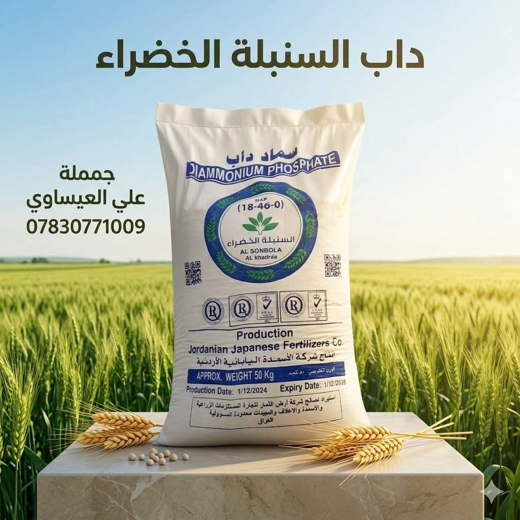 🚜 تم وصول سماد الداب السنبلة الخضراء الأردني 🇯🇴
🌾 علامة السنبلة الخضراء ✅ إنتاج الشركة الأردنية اليابانية للأسمدة ✅ متوفر بكميات كبيرة ✅ أسعار مناسبة مع تخفيضات خاصة للفلاحين ✅ بيع بالجملة والمفرد ✅ سعر تنافسي 🚚 توصيل مجاني

📍 العنوان: بابل – الكفل – مقابل كراج بني مسلم

📞 للاستفسار والطلب: ***********
***********

#داب #السنبلة_الخضراء #DAP #توصيل_مجاني #أسعار_جملة #بابل #الكفل
...ز.

نص مكتوب في الصور:
- 🔥 عروض خيالية لفترة محدودة جداً! لا تفوتوا الفرصة! 🔥 جملة علي العيساوي *********** تعزيز نمو الجذور بقوة زيادة غلة المحاصيل وجودتها فعالية سريعة تحسين امتصاص المغذيات مصدر غني بالفوسفور والنيتروجين داب السنبله الخضراء الاردني
- عروض حصرية! عروض حصرية! تخفيضات هائلة لفترة محدودة جملة علي العيساوي *********** يقوي الجذور لامتصاص أفضل يزيد من جودة ووفرة المحصول يعزز النمو الخضري القوي داب السنبلة الخضراء الاردني
- داب السنبلة الخضراء
- جملة
- علي العيساوي
- ***********