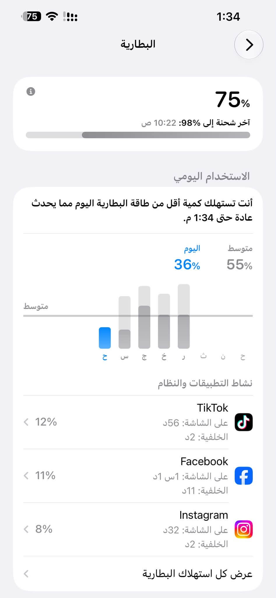 سلام عليكم  بيع أو مراوي ب 13 برو او 14 بلاص او ايفون اقل وآخذ فرف ( جهاز مال جناي امانه الله آيفون 13 بروماكس 
(دبل شريحه ) كلشي شغال نت اتصال كامرات فيس إيدي جهاز مال بيت مرتب ذاكره 256 بطاريه 77 شحن مره بل يوم امانه الله جهاز بي خط بشاشه صارله بل سنه ونص وماماثره على اللمس مكان الخط يلمس طبيعي يتصلح ب 75 ألف يوخرون الخطوط بدون تبديل شاشه بل ربيعي وعندي ولد بل بياع ويرجع الجهاز كفاله مكاني بغداد المحموديه سعره525 مجال بسيط بي واتساب ***********

نص مكتوب في الصور:
- النمط الداكن
- متوقف
- الإضاءة الدافئة
- انسجام اللون
- 75 75% آخر شحنة إلى %98: 10:22 ص الاستخدام اليومي أنت تستهلك كمية أقل من طاقة البطارية اليوم مما يحدث عادة حتى 1:34 م. متوسط اليوم 55% 36% متوسط ح ن ن ث ر خ ج س ح نشاط التطبيقات والنظام TikTok < 12% على الشاشة: 56د الخلفية: 2د Facebook < 11% على الشاشة: 1س 1د الخلفية: 11د Instagram < 8% على الشاشة: 32د الخلفية: 2د عرض كل استهلاك البطارية
- 1:35 75 حالة البطارية والشحن رسالة مهمة حول البطارية حالة بطاريتك متدنية جدًا. يمكن أن يبدل أحد مزودي خدمة Apple المعتمَدين البطارية لاستعادة الأداء والطاقة القصويين. العثور على خيارات الخدمة... الحد الأقصى للقدرة 77% هذا قياس لقدرة البطارية مقارنة بقدرتها عندما كانت جديدة. قد تتسبب القدرة المنخفضة بتقليل ساعات الاستخدام بين عملية الشحن والأخرى. أقصى قدرة للأداء ستساعد الأنظمة المضمنة في النظام والمكونات في تخفيف آثار الأداء التي قد تلاحظها أثناء التقدم الكيميائي في عمر بطارية iPhone. شحن البطارية المحسن للحد من استنزاف عمر البطارية، يتعلم الـ iPhone من عادات الشحن اليومية، بحيث ينتظر ولا يتجاوز %80 حتى يحين موعد حاجتك إلى استخدامه.
