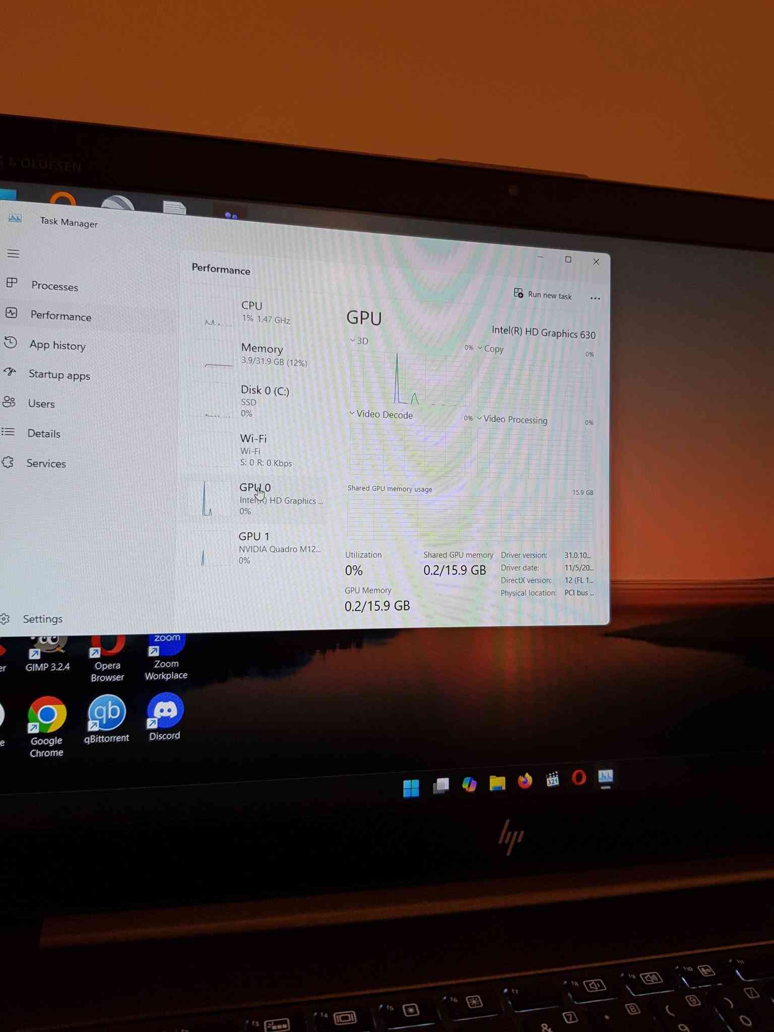 السلام عليكم 
متوفر لابتوب Hp ZBook مستخدم 
المواصفات 👇
Cpu: Core i7-7700HQ 
Ram: 32GB 
Hard: SSD 256GB 
Gpu: NVIDIA Quadro M1200 4GB 
16GB shared 
Screen: 15.6" 
Windows 11 Activated 
النظافة %95 
السعر 350 الف 
اي استفسار واتساب : ***********

نص مكتوب في الصور:
- Task Manager
- Processes
- Performance
- App history
- Startup apps
- Users
- Details
- Services
- Settings
- Run new task
- CPU
- 1%, 1.35 GHz
- Memory
- 3.9/31.9 GB (12%)
- In use
- Disk 0 (C:)
- SSD
- 0%
- Wi-Fi
- S: 0 R: 0 Kbps
- GPU 0
- Intel(R) HD Graphics...
- GPU 1
- NVIDIA Quadro M12...
- CPU Intel(R) Core(TM) i7-7700HQ CPU @ 2.80GHz
- % Utilization
- 100%
- 60 seconds
- Utilization
- 1%
- Speed
- 1.35 GHz
- Base speed:
- Sockets:
- Cores:
- 2.81 GHz
- 1
- 4
- 168
- Threads
- 1912
- Handles
- 68188
- Logical processors: 8
- Virtualization:
- Hyper-V support:
- Disabled
- Yes
- Up time
- 11:01:01:33
- L1 cache:
- L2 cache:
- L3 cache:
- 256 KB
- 1.0 MB
- 6.0 MB
- CCleaner
- GIMP 3.2.4
- Opera
- Browser
- Zoom
- Workplace
- Evernote
- Google
- Chrome
- qBitTorrent
- Discord
- 1% 1.35 GHz
- Intel(R) HD Graphics ...
- Memory usage
- 32.0 GB
- 31.9 GB
- 0
- Memory composition
- In use (Compressed)
- 3.6 GB (38.9 MB)
- Available
- 28.0 GB
- Speed:
- 2400 ...
- Slots used:
- 2 of 2
- Form factor:
- SODI...
- Committed
- 4.0/36.9 GB
- Cached
- 2.3 GB
- Hardware reserved:
- 125 ...
- Paged pool
- 221 MB
- Non-paged pool
- 222 MB
- 1% 1.39 GHz
- KBG50ZNV256G KIOXIA
- Disk transfer rate
- 0 MB/s
- 7 MB/s
- Active time
- Average response time
- 0 ms
- Capacity:
- Formatted:
- System disk:
- Page file:
- Type:
- 239 GB
- Read speed
- 0 KB/s
- Write speed
- Cleaner
- Task Manager Processes Performance App history Startup apps Users Details Services Settings Performance Run new task CPU 1% 1.47 GHz Memory 3.9/31.9 GB (12%) Disk 0 (C:) SSD 0% Wi-Fi Wi-Fi S: 0 R: 0 Kbps GPU 0 Intel(R) HD Graphics ... 0% GPU 1 NVIDIA Quadro M12... 0% GPU 3D 0% Copy 0% Video Decode 0% Video Processing 0% GPU Intel(R) HD Graphics 630 Shared GPU memory usage 15.9 GB Utilization 0% GPU Memory 0.2/15.9 GB Shared GPU memory 0.2/15.9 GB Driver version: 31.0.10... Driver date: 11/5/20... DirectX version: 12 (FL 1... Physical location: PCI bus ... GIMP 3.2.4 Opera Browser Zoom Workplace Google Chrome qBittorrent Discord