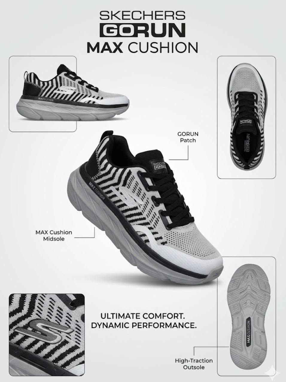 سكجر ماستر كوالتي طبي قياسات 40 /45
كرته وقيطان

نص مكتوب في الصور:
- SKECHERS GORUN MAX CUSHION | ULTIMATE COMFORT
- SKECHERS GORUN MAX CUSHION GORUN Patch MAX Cushion Midsole ULTIMATE COMFORT. DYNAMIC PERFORMANCE. High-Traction Outsole