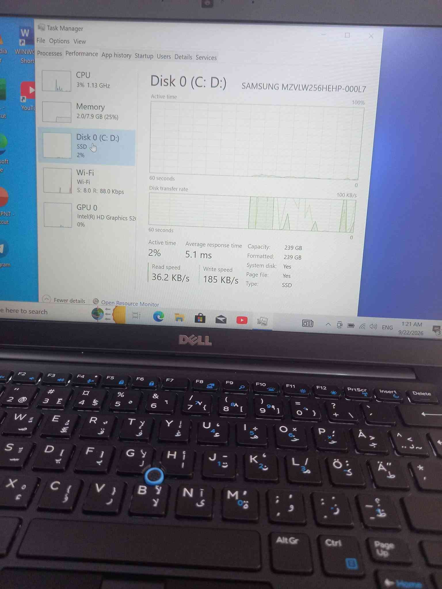 لابتوب دل 7480 dell
المعالج كور اي 5 الجيل 6
الهارد    256 ssd 
الرام 8.  ddr4 
كارت الشاشة  4  شير 
حجم الشاشة  14 
الشاحنة اصلية 
يحتوي على منفذ تايب سي للشحن او نقل البيانات
نظام التشغيل ويندوز 10 عربي انكليزي 
الملحقات شاحنة وجنطة 
السعر  190
***********
***********
يوجد توصيل

متوفر 
تتوفر مجموعة لابتوبات بأسعار مناسبة ومواصفات

نص مكتوب في الصور:
- About Your PC is monitored and protected. See details in Windows Security Device specifications Device name DESKTOP-T5RT2CS Processor Intel(R) Core(TM) i5-6300U CPU @ 2.40GHz 2.50 GHz Installed RAM 8.00 GB (7.89 GB usable) Device ID 1D609802-1144-414D-BE41-87BAACCF46AB Product ID 00330-51182-94916-AAOEM System type 64-bit operating system, x64-based processor Pen and touch No pen or touch input is available for this display Copy Rename this PC
- Task Manager File Options View Processes Performance App history Startup Users Details Services Short CPU 1% 1.24 GHz Memory 2.0/7.9 GB (25%) Disk 0 (C: D:) SSD 1% Wi-Fi Wi-Fi S: 0 R: 0 Kbps GPU 0 Intel(R) HD Graphics 520 0% CPU Intel(R) Core(TM) i5-6300U CPU @ 2.40GHz % Utilization 100% 60 seconds 0 Utilization 1% Speed 1.24 GHz Base speed: 2.50 GHz Sockets: 1 Cores: 2 Processes 154 Threads 1511 Handles 53742 Logical processors: 4 Virtualization: Enabled Up time L1 cache: 128 KB 0:00:52:44 L2 cache: 512 KB L3 cache: 3.0 MB Fewer details Open Resource Monitor ENG
- Task Manager File Options View Processes Performance App history Startup Users Details Services CPU 3% 1.13 GHz Memory 2.0/7.9 GB (25%) Disk 0 (C: D:) SSD 2% Wi-Fi Wi-Fi S: 8.0 R: 88.0 Kbps GPU 0 Intel(R) HD Graphics 520 0% Disk 0 (C: D:) SAMSUNG MZVLW256HEHP-000L7 Active time 100% 60 seconds Disk transfer rate 0 100 KB/s 60 seconds 0 Active time 2% Average response time 5.1 ms Read speed 36.2 KB/s Write speed 185 KB/s Capacity: 239 GB Formatted: 239 GB System disk: Yes Page file: Yes Type: SSD Fewer details Open Resource Monitor here to search ENG 1:21 AM 9/22/2026
- Task Manager File Options View Processes Performance App history Startup Users Details Services GPU Intel(R) HD Graphics 520 CPU 1% 0.93 GHz Memory 2.0/7.9 GB (25%) Disk 0 (C: D:) SSD 0% Wi-Fi Wi-Fi S: 0 R: 0 Kbps GPU 0 Intel(R) HD Graphics 52 1% 3D 1% Copy 0% Video Decode 0% Video Processing 0% Shared GPU memory usage 3.9 GB Utilization 1% GPU Memory 0.1/3.9 GB Shared GPU memory 0.1/3.9 GB Driver version: 30.0.101.1338 Driver date: 1/20/2022 DirectX version: 12 (FL 12.1) Physical location: PCI bus 0, d... Fewer details Open Resource Monitor Type here to search 1:22 AM 9/22/2026