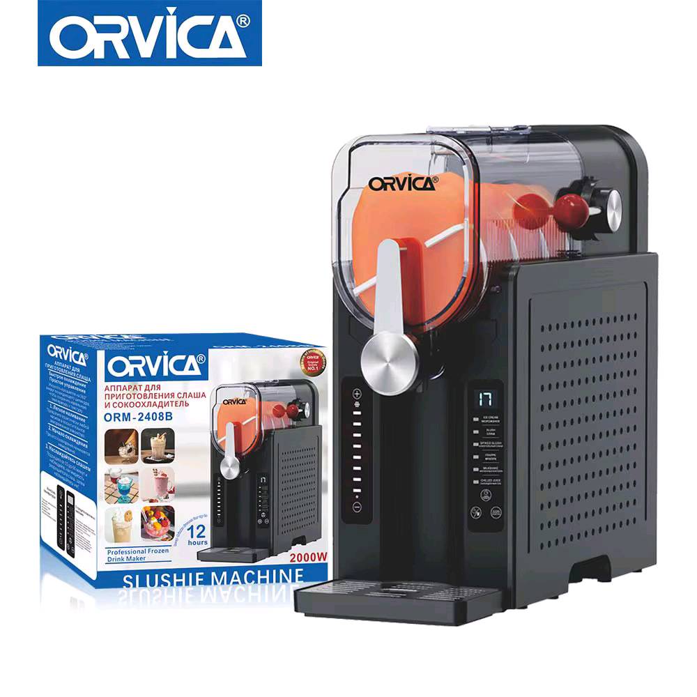 هذه هي علبة ماكينة السلاش والآيس كريم الأوتوماتيكية من ماركة أورفيكا (ORVICA Slushie Machine) موديل ORM-2408B.المواصفات والميزات الرئيسية:الاستخدام (6 في 1): ماكينة متعددة الوظائف مبرمجة مسبقاً بـ 6 إعدادات ذكية لتحضير (الآيس كريم، السلاش، السلاش الغازي، الفرابيه، الميلك شيك، ومبرد العصائر).السعة: خزان يتسع لـ 1.5 إلى 1.6 لتر.الطاقة: مكتوب على العلبة قوة محرك قصوى تصل إلى 2000 واط (مع استهلاك طاقة فعلي للتبريد والتشغيل يبلغ حوالي 150 واط).تقنية التبريد: تعتمد على نظام تبريد داخلي مدمج بـ (كمبريسور) عالي الكفاءة يغنيك تماماً عن الحاجة لإضافة الثلج.الحفاظ على البرودة: مزودة بخاصية الحفاظ على قوام المشروبات مثلجة لمدة تصل إلى 12 ساعة متواصلة.التحكم: شاشة لمس أمامية رقمية (LED) لعرض واختيار الأنماط والتحكم بدرجة الحرارة                                                                                                                    القياسات :-  ارتفاع 38. الطول 36.  العرض 16.