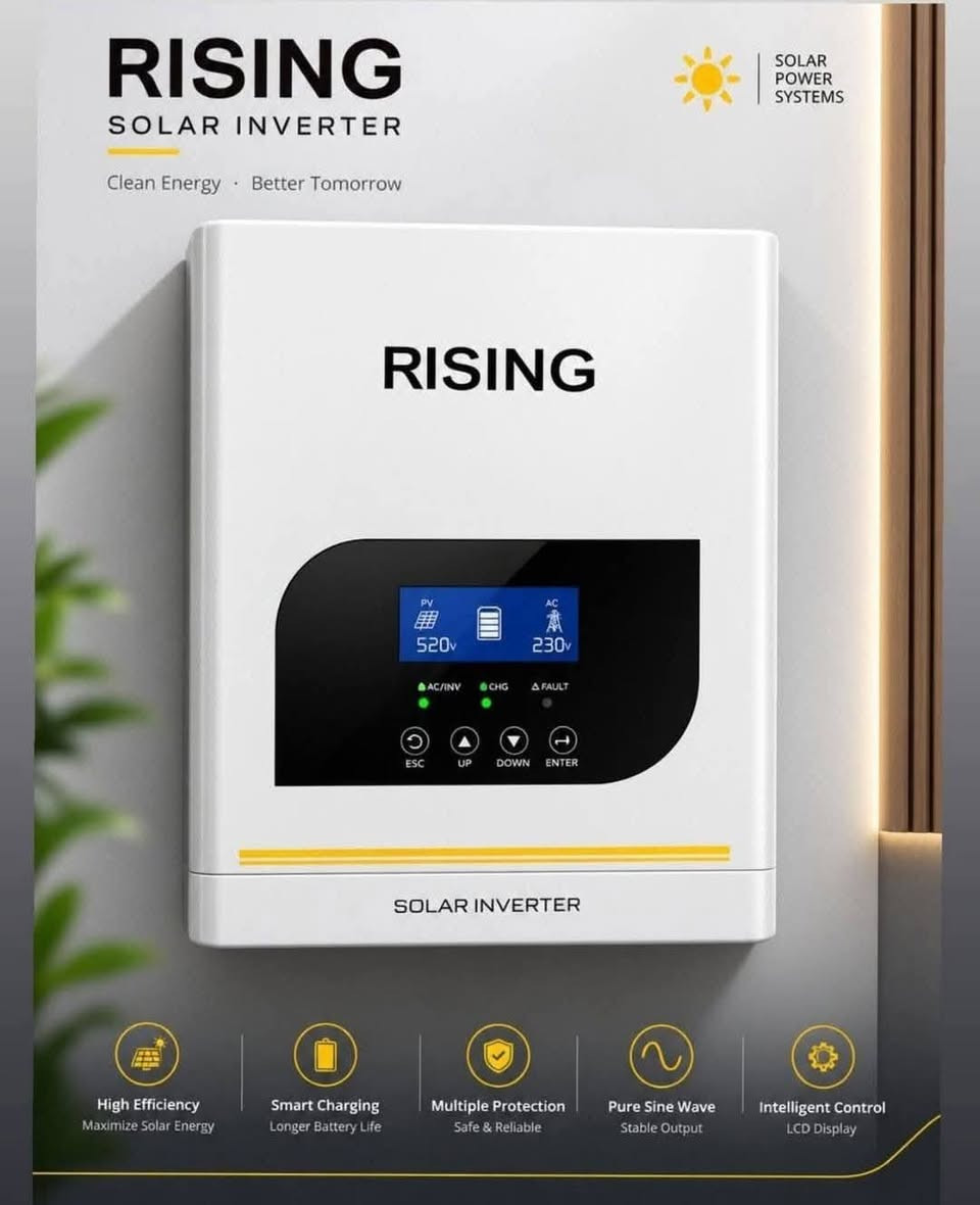 سكاي لنك عروض اليوم
عاكسات ضمان سنه 
من شركة Rising 
بحجمين 
1300 Av 
مع mppt للطاقة الشمسية 

1000 Av 
خدمة توصيل متوفرة لكافة محافظات العراق
قيمه التوصيل 3000.000 فقط 
للحجز الاستفسار 
***********
بغداد-شارع الصناعه - مدخل فرع صاج الريف

نص مكتوب في الصور:
- RISING PURE SINE WAVE INVERTER CLEAN POWER • STABLE PERFORMANCE • FOR A BETTER LIFE Pure Sine Wave Clean & Stable Power Multiple Protection Safe & Reliable Smart Cooling Low Noise LED Display Easy Monitoring Overload Protection Prevents Damage Short Circuit Protection Safe Operation Overheat Protection Longer Lifespan Low Battery Protection Protects Your Battery POWER YOU CAN TRUST
- RISING SOLAR INVERTER Clean Energy  Better Tomorrow SOLAR POWER SYSTEMS RISING SOLAR INVERTER High Efficiency Maximize Solar Energy Smart Charging Longer Battery Life Multiple Protection Safe & Reliable Pure Sine Wave Stable Output Intelligent Control LCD Display