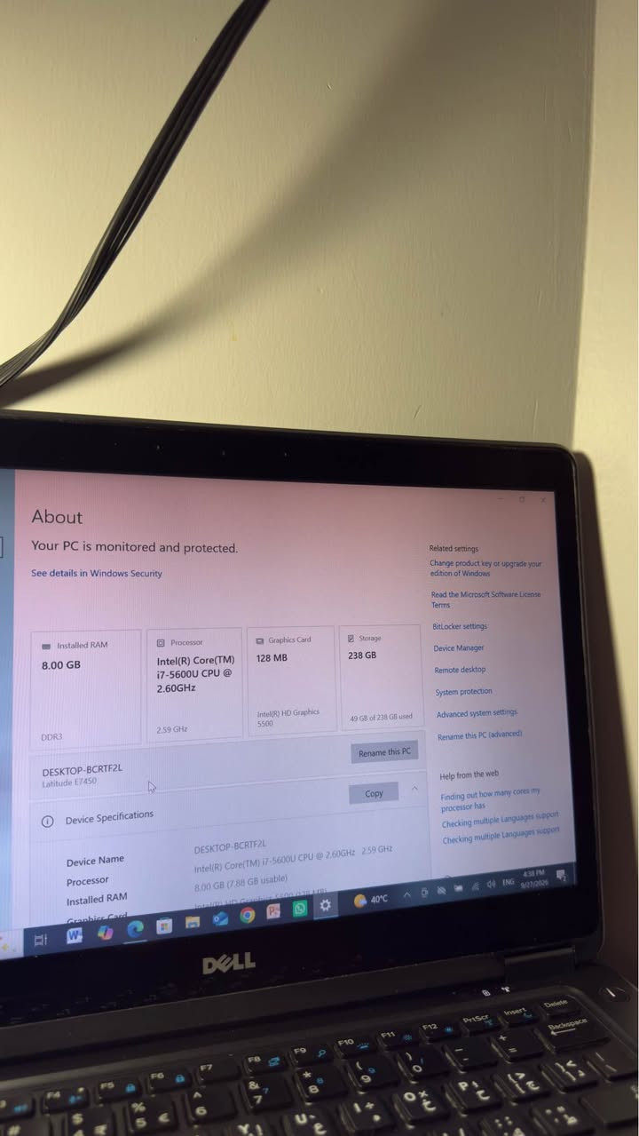 💻 لابتوب ديل عملية وممتازة للدراسة والتصفح والعمل مكتبي 💻  
📍 الموقع: بغداد، الغزالية  
المواصفات:
 الموديل: Dell Latitude E7450  
 المعالج: Intel Core i7-5600U  
 الذاكرة العشوائية (RAM): 8 جيجابايت DDR3  
 التخزين: SSD سعة 256 جيجابايت (سريع جداً في الإقلاع والفتح)  
 الشاشة: 14 بوصة تدعم اللمس (Touch Screen)  
 كرت الشاشة: Intel HD Graphics 5500  
 النظام: ويندوز 10 بروفيشينال مفّعل  
 الحالة: مستعمل  
⚠️ ملاحظة: البطارية ضعيفة وتحتاج تبديل (الجهاز يشتغل بكامل أداءه وسرعته عند ربطه بالشاحن مباشرة).  
💰 السعر: 150

للتواصل خاص
او على الرقم
*********** بغداد, العراق

نص مكتوب في الصور:
- About Processor Intel(R) Core(TM) i7-5600U CPU @ 2.60GHz 2.59 GHz Installed RAM 8.00 GB (7.88 GB usable) Graphics Card Intel(R) HD Graphics 5500 (128 MB) Storage 238 GB SSD SAMSUNG SSD PM871 mSATA 256GB Device ID B444F7F7-FCD3-42FE-A421-46753C9F5410 Product ID 00330-80000-00000-AA661 System Type 64-bit operating system, x64-based processor Pen and touch Touch support with 10 touch points Frequently asked questions How does having 8-16 GB of RAM impact my PC's performance? Can I run modern applications smoothly with this RAM capacity? Is my GPU sufficient for high end gaming and video experience? How can having a dedicated GPU enhance my experience and productivity? Am I running the latest version of the Windows OS? What is the latest Windows version? Windows Specifications Edition Windows 10 Pro Version 22H2
- About Your PC is monitored and protected. See details in Windows Security Related settings Change product key or upgrade your edition of Windows Read the Microsoft Software License Terms BitLocker settings Device Manager Remote desktop System protection Advanced system settings Rename this PC (advanced) Installed RAM 8.00 GB Processor Intel(R) Core(TM) i7-5600U CPU @ 2.60GHz Graphics Card 128 MB Storage 238 GB DDR3 2.59 GHz Intel(R) HD Graphics 5500 49 GB of 238 GB used Rename this PC DESKTOP-BCRTF2L Latitude E7450 Copy Help from the web Finding out how many cores my processor has Checking multiple Languages support Checking multiple Languages support Device Specifications Device Name DESKTOP-BCRTF2L Processor Intel(R) Core(TM) i7-5600U CPU @ 2.60GHz 2.59 GHz Installed RAM 8.00 GB (7.88 GB usable) Graphics Card 40°C 4:38 PM 9/27/2025