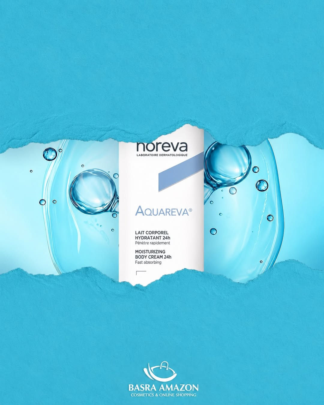 ⁨	ورا كل سحبة… خطوة أقرب لنعومة بشرتج 💧

اسحبي الصور واكتشفي أكواريفا من نوريفا، كريم ترطيب الجسم اللي يجمع بين الترطيب المكثّف والقوام الخفيف، حتى تعتنين ببشرتج براحة كل يوم. 🤍

✨ ترطيب يدوم حتى 24 ساعة.
✨ قوام حليبي سريع الامتصاص، بدون ملمس دهني أو لزج.
✨ يساعد على تنعيم البشرة الجافة والحفاظ على رطوبتها.
✨ يخفّف الإحساس بالشد الناتج عن الجفاف.

عناية بسيطة بس تفرق تضيفيها ليومج… ونعومة راح تحبينها على بشرتج.

💰 السعر: 35,000 د.ع
🧴 الحجم: 400 مل

📲 اطلبيه هسه من تطبيق بصرة أمازون.

🚚 توصيل سريع لكل محافظات العراق
• داخل البصرة: 3,000 د.ع
• باقي المحافظات: 5,000 د.ع

📞 للطلب والاستفسار:
***********
***********⁩

نص مكتوب في الصور:
- اسحبي واكتشفي السر الجديد لإشراقة بشرتك وثقتك BASRA AMAZON COSMETICS & ONLINE SHOPPING
- noreva LABORATORIO DERMATOLOGIQUE AQUAREVA LAIT CORPOREL HYDRATANT 24h Pénètre rapidement MOISTURIZING BODY CREAM 24h Fast absorbing BASRA AMAZON COSMETICS & ONLINE SHOPPING
- BASRA AMAZON COSMETICS & ONLINE SHOPPING