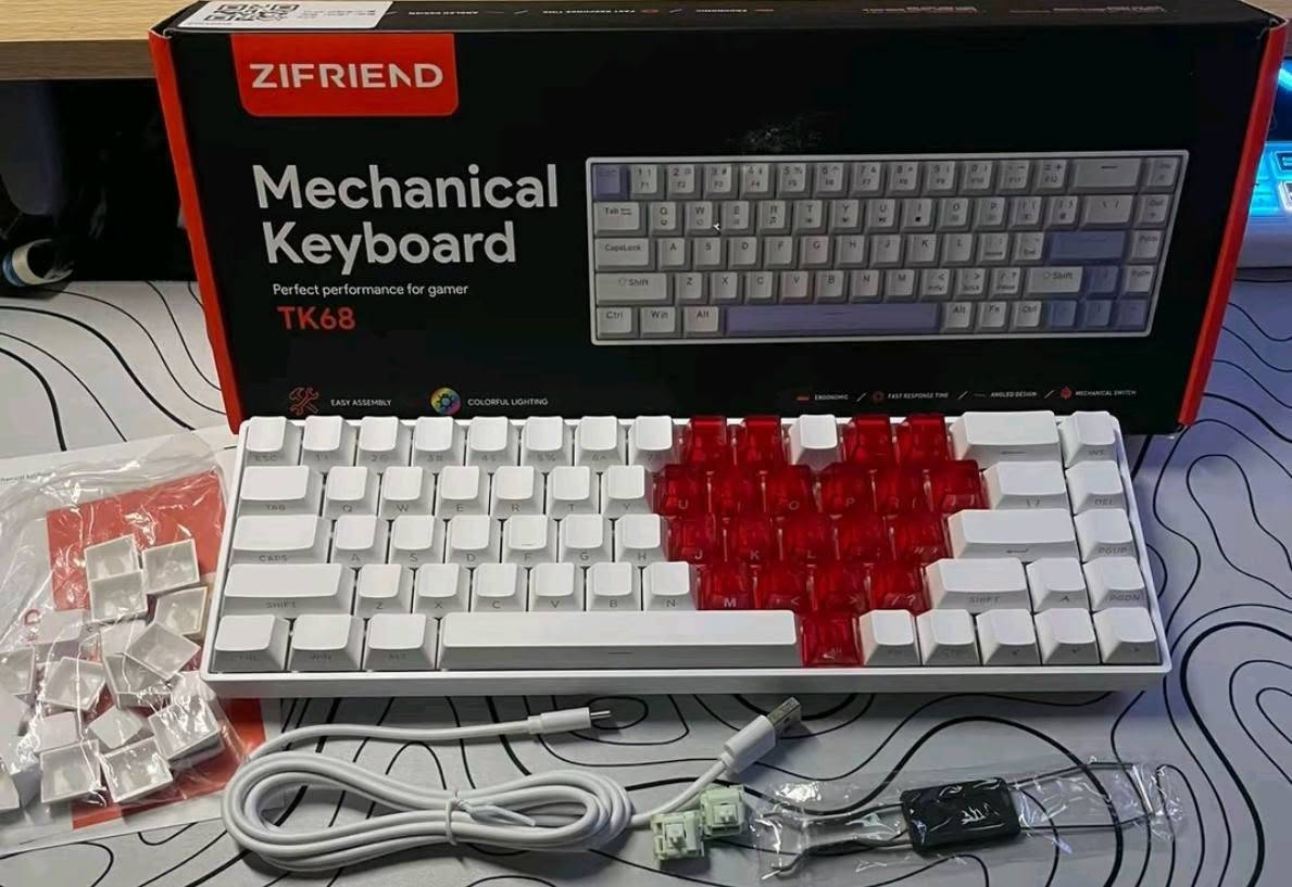 كيبورد Zifriend TK68
.حجم 65%  
. ميكانيكي نوع السوج MINT Switch صوت وسرعة استجابة جبارة
.بالكامل RGB 
.18 نمط RGB 
.الاتصال سلكي 
كابل تايبسي
دعم Full Key Anti-Ghosting يضمن تسجيل جميع الضغطات بدقة حتى أثناء اللعب السريع والمكثف
المحتويات:: قالعة كيكابس+2سوج احتياط+مجموعة كيكابس لون احمر +كابل USB بطول 1.5 متر 
السعر:45الف    متوفر توصيل
للاستفسار ***********
