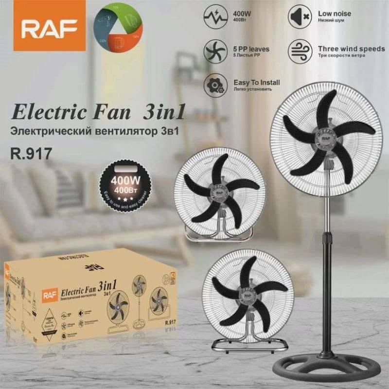 مروحة 3*1💯
مروحة RAF الكهربائية متعددة الاستخدامات (3 في 1) موديل R.917. 

ريشة بلاستك

المواصفات والميزات :

تصميم 3 في 1 مرن: يمكن تجميع المروحة واستخدامها بثلاث وضعيات مختلفة حسب الحاجة: كمروحة عمودية ستاند، أو مروحة أرضية/مكتبية، أو مروحة جدارية تُعلق على الحائط. 

القوة والأداء: تعمل بمحرك قوي بقدرة 400 واط وبسرعة دوران تصل إلى 1300 دورة في الدقيقة (RPM) لتوفير تدفق هواء قوي ومثالي للصيف.

الشفرات والسرعات: تحتوي على 5 شفرات (ريش) مصنعة من مواد متينة (5PP)، وتدعم 3 سرعات مختلفة للتحكم بقوة الهواء.

مستوى ضجيج منخفض: مصممة لتعمل بصوت هادئ (Low Noise) مما يجعلها مناسبة لغرف النوم والمكاتب دون إزعاج.

سهولة التركيب: تأتي بتصميم يسهل تجميعه وفكه (Easy to Install) لتغيير وضعيتها بسرعة.

السعر 50الف مع توصيل ✅ 
للحجز ***********✍🏻
