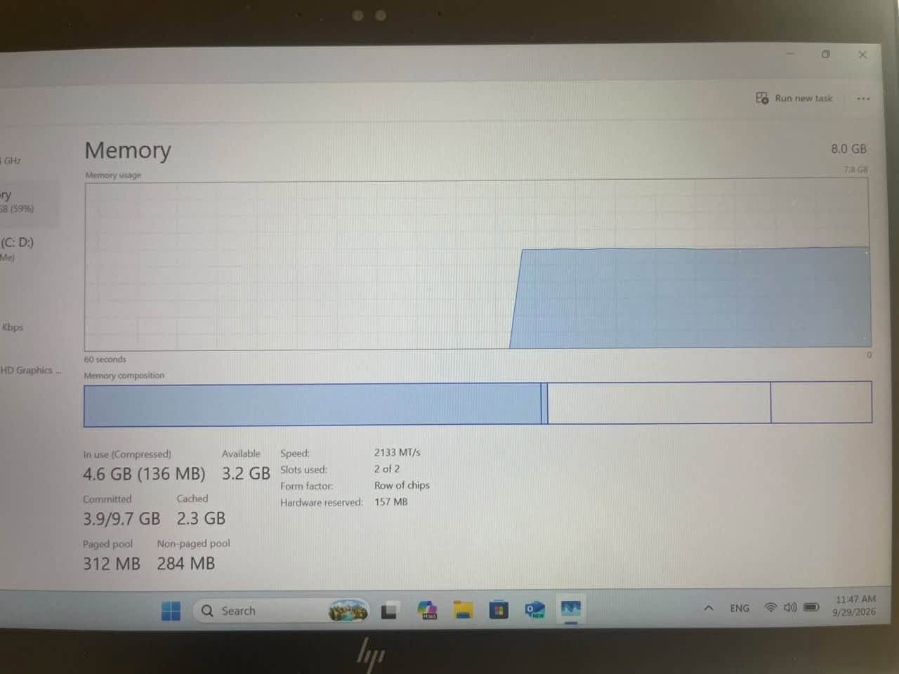 HP EliteBook x360 1030 G3 — المواصفات الكاملة

الشكل: حاسوب محمول قابل للتحول مقاس 13.3 بوصة مع مفصل بدوران 360°

المعالج: الجيل الثامن من Intel Core i5-8350U

الرسومات: Intel UHD Graphics 620 (مدمجة)

الذاكرة: 8 جيجابايت LPDDR3-2133 ميجاهرتز

التخزين: 256 جيجابايت SSD من نوع PCIe NVMe (بتنسيق M.2)

الشاشة: شاشة لمس IPS مقاس 13.3 بوصة، Full HD (1920 × 1080)، سطوع 400 شمعة (أو 700 شمعة مع HP Sure View)

المنافذ: 2x USB-C (Thunderbolt 3)، 1x USB 3.1 Gen 1، 1x HDMI 1.4، 1x مقبس سماعة/ميكروفون مشترك

الاتصال اللاسلكي: Wi-Fi 802.11ac، Bluetooth 4.2؛ NFC و4G LTE اختياريان

الأبعاد: 30.58 × 20.5 × 1.58 سم (12.04 × 8.07 × 0.62 بوصة)

الوزن: يبدأ من 1.25 كجم (2.76 رطل)

البطارية: 4 خلايا، 56.2 واط/ساعة ليثيوم أيون؛ محول 65 واط USB-C

الصوت: Bang & Olufsen، أربعة مكبرات صوت، ثلاثة ميكروفونات متعددة الاتجاهات

الكاميرا: كاميرا ويب Full HD 1080p؛ IR اختيارية لـ Windows Hello

لوحة المفاتيح: مضاءة خلفياً، مقاومة للانسكاب، HP Premium Collaboration Keyboard

الأمان: قارئ بصمات الأصابع، TPM 2.0، فتحة Kensington Nano

نظام التشغيل: Windows 11 Pro 64-bit

الجهاز نظيف جداً، مستخدمه فقط للعمل بل مكتب. الشاشة لمس و بي بصمة وجه و بصمة اصبع لتسجيل دخول و موجود ويا الشاحنة الاصلية والويندوز امفعل ال11 pro مدى الحياة. السعر ٤٠٠ الف و بي مجال.

***********

نص مكتوب في الصور:
- Find a setting System > Display > Advanced display Display information Internal Display Display 1: Connected to Intel(R) UHD Graphics 620 Desktop mode 1920 x 1080, 60.03 Hz Active signal mode 1920 x 1080, 60.03 Hz Variable refresh rate Not Supported Bit depth 6-bit Color format RGB Color space Standard dynamic range (SDR) Display adapter properties for Display 1 Choose a refresh rate A higher rate gives smoother motion, but also uses more power More about refresh ra Dynamic refresh rate To help save power, Windows adjusts the refresh rate up to the selected rate ab Dynamic refresh rate isn't supported More about dynamic refresh rate Related support
- Intel(R) Core(TM) i5-8350U CPU @ 1.70GHz % Utilization 100% 0 60 seconds Utilization 0% Speed 2.48 GHz Processes 186 Threads 2388 Handles 80302 Up time 0:11:06:12 Base speed: 1.90 GHz Sockets: 1 Cores: 4 Logical processors: 8 Virtualization: Enabled L1 cache: 256 KB L2 cache: 1.0 MB L3 cache: 6.0 MB Search ENG 11:46 AM 9/29/2026
- Memory Memory usage 8.0 GB 7.8 GB 60 seconds 0 Memory composition In use (Compressed) 4.6 GB (136 MB) Available 3.2 GB Speed: Slots used: Form factor: Hardware reserved: 2133 MT/s 2 of 2 Row of chips 157 MB Committed 3.9/9.7 GB Cached 2.3 GB Paged pool 312 MB Non-paged pool 284 MB Q Search ENG 11:47 AM 9/29/2026
- Run new task GPU Intel(R) UHD Graphics 620 3D 0% Copy 0% Video Decode 0% Video Processing 0% Shared GPU memory 3.9 GB Utilization 0% GPU Memory 0.1/3.9 GB Shared GPU memory 0.1/3.9 GB Driver version: 31.0.101.2140 Driver date: 11/5/2025 DirectX version: 12 (FL 12.1) Physical location: PCI bus 0, device 2, function 0 Search ENG 11:47 AM 9/29/2026