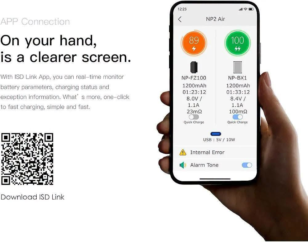 شاحن بطاريات كاميرا سوني NP2 Air 🫡🔥
تطبيق لمعرفة الشحن والتحكم بالشحن ✅

حمايه من التيار العالي ✅

منفذ شحن تايب سي ✅

ليد أضائه لمعرفة الشحن الكامل ✅

سهل الحمل والتركيب ✅ 

توافق واسع مع بطاريات كاميرا سوني 

موديل NP - FZ100 ✅

ILCE-7M3/ILCE-7M4 ILCE-7RM3/ILCE-7RM4 ILCE-9/ILCE-9M2 ILCE-7C/ILCE-1/ILCE-7SM3/ILME-FX3

موديل NP-FW50 ✅

ILCE-6000/6300/6500/5000/5100/7/7M2/7S/7SM2/7R/7RM2/QX1

DSC-RX10/RX10M2 /RX10M3/RX10M4

NEX-C3/F3/3N/5C/5N/5R/5T/6/7

α33, α35, α37, α55, α3000

موديل NP-BX1 ✅

DSC-RX1/RX1R/RX1RM2/RX100/RX100M2/RX100M3/RX100M4/RX100M5

DSC-RX100M6/HX350/WX500/HX90/WX350/HX60/H400/HX400/HX50/HX300

HDR-CX405/PJ410/MV1 /AS300/AS50/GWP88E /CX240E/PJ240E / AS200V

FDR-X3000/X1000V

السعر 25 الف فقط 🫡 ✅ 

توصيل جميع محافظات العراق 5 آلاف 🚚 

للأستفسار والحجز التواصل واتساب 📞 

***********

عنوان المركز : بغداد الحريه الثانيه شارع الحريه الثانيه قرب مكتبة الكروان مقابل صيدلية العنفوان مركز شمس للموبايل

نص مكتوب في الصور:
- شاحن بطاريه كاميرا SONY
- NP-FZ100
- NP-FW50
- NP-BX1
- مركز شمس
- SHAMS ELECTRONICS & MOBILES
- السعر 25 الف فقط
- *********** | @shams_canter0 | بغداد - الحرية الثانية - شارع الحرية الثانية
- NP2 Air Compatible Device List NP-FZ100 NP-FW50 NP-BX1 ILCE-7M3 / ILCE-7M4 ILCE-7RM3 / ILCE-7RM4 ILCE-9 / ILCE-9M2 ILCE-7C / ILCE-1 / ILCE-7SM3 ILME-FX3 ILCE-6000 / 6300 / 6500 / 5000 / 5100 / 7 / 7M2 / 7S / 7SM2 / 7R / 7RM2 / QX1 DSC-RX10 / RX10M2 / RX10M3 / RX10M4 NEX-C3 / F3 / 3N / 5C / 5N / 5R / 5T / 6 / 7 α33, α35, α37, α55, α3000 DSC-RX1 / RX1R / RX1RM2 / RX100 / RX100M2 / RX100M3 / RX100M4 / RX100M5 DSC-RX100M6 / HX350 / WX500 / HX90 / WX350 / HX60 / H400 / HX400 / HX50 / HX300 HDR-CX405 / PJ410 / MV1 / AS300 / AS50 / GWP88E / CX240E / PJ240E / AS200V FDR-X3000 / X1000V Fast mode charging takes about 90 minutes.
- APP Connection On your hand, is a clearer screen. With ISD Link App, you can real-time monitor battery parameters, charging status and exception information. What's more, one-click to fast charging, simple and fast. Download ISD Link 12:23 NP2 Air 89 NP-FZ100 1200mAh 01:23:12 8.0V / 1.1A 23mΩ Quick Charge 100 NP-BX1 1200mAh 01:33:12 8.4V / 1.1A 100mΩ Quick Charge USB : 5V / 10W Internal Error Alarm Tone
- Patented battery position, for 3 types of battery
- Mix-dual channel, independent quick charging
- USB-C input port
- Sound & light, sync indication
- APP operation
- Compact, small, ready to go