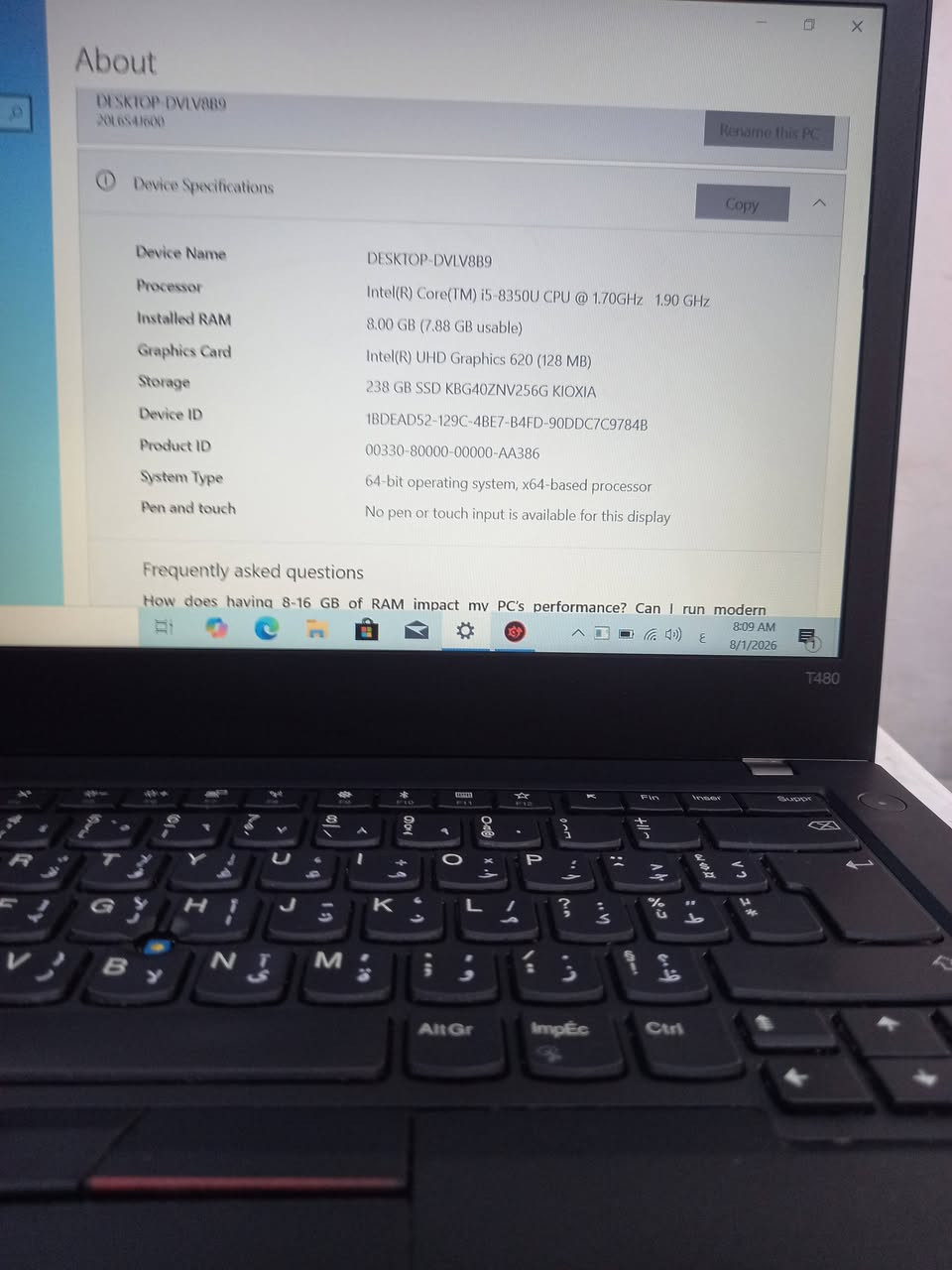 لابتوب  لينوفو T480
الجيل الثامن 
المعالج كور اي 5 الجيل 8
الهارد    256    ssd  m.2
الرام 8.  ddr4 
كارت الشاشة  4  شير 
حجم الشاشة  14 
الشاحنة اصلية 
يحتوي على منفذين  تايب سي للشحن او نقل البيانات
نظام التشغيل ويندوز 10 عربي انكليزي 
الملحقات شاحنة تايب سي اصلية وجنطة 
السعر  225

***********
***********
يوجد توصيل

متوفر 
تتوفر مجموعة لابتوبات بأسعار مناسبة ومواصفات مختلفة
