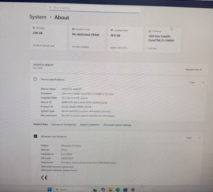 السلام عليكم تجميعة للبيع
المواصفات: 

* المعالج (Intel Core i5-1340OF :(CPU (الجيل 13)

NVIDIA GeForce RTX 4060 (8GB) : (GPU) كرت الشاشة *

MT/S 2667 بسرعة 16GB DDR4 :(RAM) الرام *

(238GB المتاح للنظام) 256GB SSD :(SSD) التخزين *

* نظام التشغيل: Windows 11 Home 64-bit (الإصدار )

السعر : مليون ونص مع الشاشه وكامل الملحقات وبي مجال

واتساب: ***********
