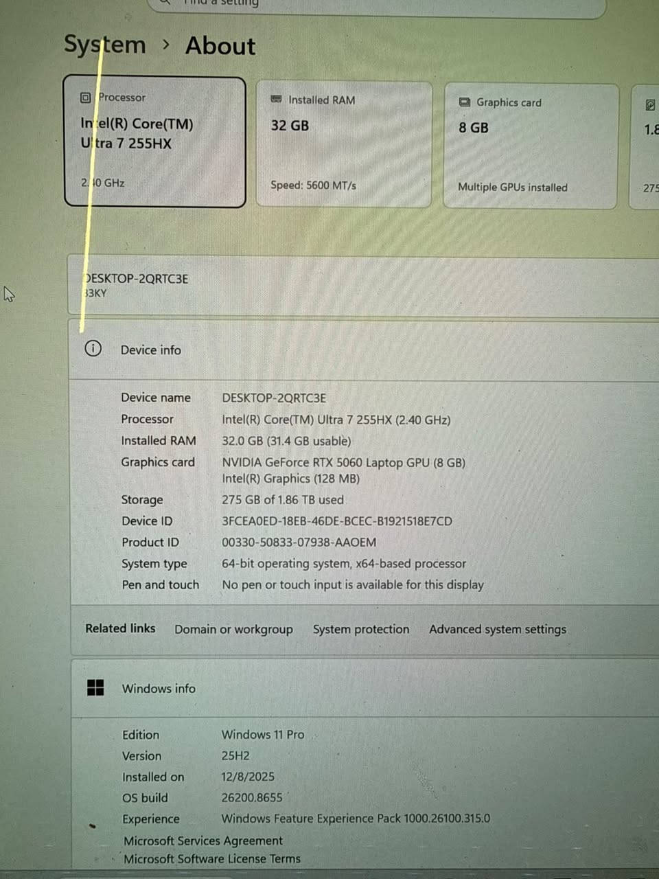 🔥 للبيع لابتوب بمواصفات قوية جداً 🔥
💻 المعالج: Intel Core Ultra 7 255HX
🎮 كارت الشاشة: NVIDIA RTX 5060 – 8GB
⚡ الرام: 32GB DDR5 – 5600MHz
💾 التخزين: 2TB SSD
🪟 النظام: Windows 11 Pro
مناسب للمونتاج، التصميم، الألعاب والبرامج الثقيلة 🎬🎮
💰 السعر: 2,200,000 دينار عراقي
📞 للتواصل: ***********
