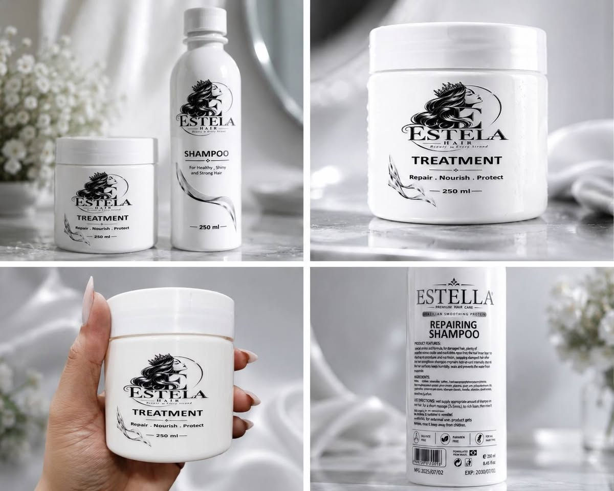 ESTELLA — عناية تليق بجمال شعرك ✨
شعرك يستحق أكثر من مجرد عناية…
يستحق تجربة مختلفة مع ESTELLA 🤍

🖤 شامبو ESTELLA
✨ تنظيف وعناية تمنح الشعر مظهراً أكثر حيوية وانتعاشاً.

🤍 Treatment ESTELLA
عناية مركزة تساعد على منح الشعر مظهراً أكثر نعومة وترطيباً ولمعاناً.

✨ سيرومات ESTELLA
لمسة نهائية تمنح شعرك مظهراً أكثر أناقة ولمعاناً.

لأن الشعر الجميل يبدأ من العناية الصحيحة…
اختاري ESTELLA، واكتشفي الفرق.

📩 للطلب والاستفسار: راسلينا على الخاص لو***********
🚚 التوصيل متوفر

ESTELLA — Your Hair, Your Beauty.

نص مكتوب في الصور:
- ESTELA HAIR Beauty in Every Strand NOURISHES & STRENGTHENS SMOOTH & SHINY SUITABLE FOR ALL HAIR TYPES ESTELA HAIR Beauty in Every Strand TREATMENT Repair Nourish Protect 250ml ESTELA HAIR Beauty in Every Strand SHAMPOO For Healthy, Shiny and Strong Hair 250ml