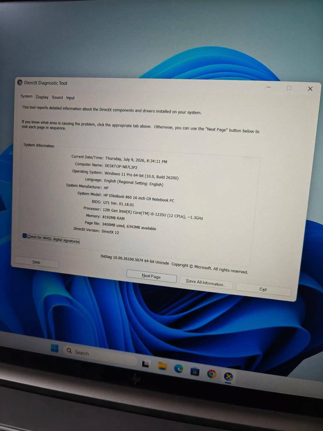 🔥 عرض خاص  آخر 5 قطع فقط

💻 HP EliteBook 860 G9 – الجيل 12

💰 السعر: 625 ألف دينار عراقي

✨ مستخدم نظيف جداً وبحالة ممتازة

📌 المواصفات:
🔹 معالج Intel Core i5-1235U – الجيل الثاني عشر
🔹 رام RAM:8GB DDR5 بسرعة 4800MHz
🔹 تخزين SSD 256GB NVMe
🔹 كرت شاشة Intel UHD Graphics
🔹 شاشة 16 إنج Full HD
🔹 لوحة مفاتيح كاملة مع Numpad

🪟 نظام التشغيل:
✅نظام التشغيل Windows 11 Pro أصلي ومفعّل
✅ الجهاز جاهز للاستخدام مباشرة

🔌 المنافذ:
• USB Type-C / Thunderbolt 4
• USB 3.2
• HDMI
• LAN RJ-45
• منفذ سماعة 3.5mm
• قارئ Smart Card حسب الإصدار

🎯 مناسب لـ:
✔️ الدراسة والجامعة
✔️ الأعمال المكتبية
✔️ البرمجة
✔️ المحاسبة
✔️ برامج Microsoft Office
✔️ التصميم الخفيف
✔️ التصفح والاجتماعات الأونلاين

⭐ أبرز المميزات:
✅ معالج جيل 12 بأداء ممتاز
✅ شاشة 16 إنج بمساحة عرض أكبر وراحة أكثر
✅ سرعة واستجابة عالية بفضل SSD NVMe
✅ لوحة مفاتيح كاملة مع أرقام
✅ جودة تصنيع عالية وتصميم أنيق
✅ مناسب للاستخدام اليومي والعمل والدراسة

🎁 المرفقات:
🔌 الشاحن
💼 جنطة لابتوب

🛡️ ضمان استبدال لمدة 7 أيام

🚚 يوجد توصيل إلى جميع محافظات العراق

📱 واتساب: ***********
📞 اتصال: ***********

نص مكتوب في الصور:
- ياسر للحاسبات
- جودة عالية - أداء مضمون - أسعار منافسة
- بيع لابتوبات
- جديد و مستعمل
- ***********
- ***********0
- يوجد توصيل لكافة المحافظات
- DirectX Diagnostic Tool
- System Display Sound Input
- This tool reports detailed information about the DirectX components and drivers installed on your system.
- If you know what area is causing the problem, click the appropriate tab above. Otherwise, you can use the "Next Page" button below to visit each page in sequence.
- System Information
- Current Date/Time: Thursday, July 9, 2026, 8:34:11 PM
- Computer Name: DESKTOP-N87L3P2
- Operating System: Windows 11 Pro 64-bit (10.0, Build 26200)
- Language: English (Regional Setting: English)
- System Manufacturer: HP
- System Model: HP EliteBook 860 16 inch G9 Notebook PC
- BIOS: U71 Ver. 01.18.01
- Processor: 12th Gen Intel(R) Core(TM) i5-1235U (12 CPUs), ~1.3GHz
- Memory: 8192MB RAM
- Page file: 3400MB used, 6343MB available
- DirectX Version: DirectX 12
- Check for WHQL digital signatures
- DxDiag 10.00.26100.5074 64-bit Unicode Copyright © Microsoft. All rights reserved.
- Help
- Next Page
- Save All Information...
- Exit
- Search
- Device
- Name: Intel(R) UHD Graphics
- Manufacturer: Intel Corporation
- Chip Type: Intel(R) UHD Graphics Family
- DAC Type: Internal
- Device Type: Full Display Device
- Approx. Total Memory: 4040 MB
- Display Memory: 128 MB
- Shared Memory: 3912 MB
- DirectX Features
- DirectDraw Acceleration: Enabled
- Direct3D Acceleration: Enabled
- AGP Texture Acceleration: Enabled
- DirectX 12 Ultimate: Disabled
- Notes
- No problems found.
- Drivers
- Main Driver: igdumdim64.dll,igd10iumd64.dll,igd10
- Version: 32.0.101.7085
- Date: 3/3/2026 03:00:00
- WHQL Logo'd: Yes
- Direct3D DDI: 12
- Feature Levels: 12_1,12_0,11_1,11_0,10_1,10_0,9_3
- Driver Model: WDDM 3.2
- Task Manager
- Performance
- Run new task
- CPU
- 12th Gen Intel(R) Core(TM) i5-1235U
- % Utilization
- 100%
- 0%
- 60 seconds
- Utilization
- Speed
- 1.34 GHz
- Base speed:
- Sockets:
- Cores:
- Logical processors:
- Virtualization:
- L1 cache:
- L2 cache:
- L3 cache:
- 1.30 GHz
- 1
- 10
- 12
- Enabled
- 928 KB
- 6.5 MB
- 12.0 MB
- Processes
- 154
- Threads
- 1976
- Handles
- 58946
- Up time
- 0:00:22:19
- 0% 1.34 GHz
- Memory
- 3.5/7.6 GB (46%)
- Disk 0 (C: D:)
- SSD (NVMe)
- GPU 0
- Intel(R) UHD Graphics