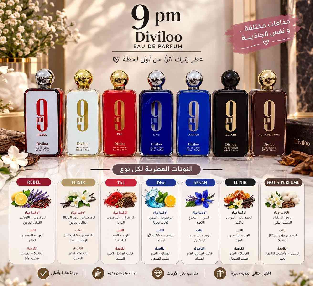 منو كاعد هسه يتصفح بل فيس يحصل عل عطر  بسعر مناسبه  أول تعليق صورهن***********

نص مكتوب في الصور:
- إغواء
- نوتات العطر
- عطر يجمع بين النقاء والحضور
- النوتات العليا
- (الافتتاحية)
- المسك الأبيض • البرغموت
- النوتات الوسطى
- (قلب العطر)
- النياسمين • الياسمين
- النوتات الأساسية
- (قاعدة العطر)
- الفانيليا • العنبر
- عطر فاخر
- للمناسبات الخاصة
- ملاحظات العطر:
- حلوى، فواكه، سكر
- فانيليا، كريمية، دافئة
- تفاح أحمر، حلو، منعش
- 9 pm Diviloo EAU DE PARFUM مذاقات مختلفة .. و نفس الجاذبية ♡ عطر يترك أثراً من أول لحظة ♡ النوتات العطرية لكل نوع REBEL الافتتاحية: البرغموت - اللافندر الفلفل الوردي القلب: الورد - الياسمين العنبر القاعدة: الفانيلا - المسك خشب الأرز ELIXIR الافتتاحية: الحمضيات - زهر البرتقال الفلفل الوردي القلب: الياسمين - خشب الأرز الزهور البيضاء القاعدة: الفانيلا - العنبر المسك TAJ الافتتاحية: الزعفران - البرغموت التوابل القلب: الورد - العود الياسمين القاعدة: خشب الصندل - العنبر المسك Dive الافتتاحية: البرغموت - الليمون نوتات بحرية القلب: الياسمين - خشب الأرز لافندر القاعدة: المسك - العنبر خشب الصندل AFNAN الافتتاحية: الليمون - النعناع اللافندر القلب: الورد - الياسمين الزعفران القاعدة: خشب الصندل-العنبر المسك ELIXIR الافتتاحية: الحمضيات - التوابل اللافندر القلب: الورد - الياسمين العود القاعدة: الفانيلا - العنبر خشب الصندل NOT A PERFUME الافتتاحية: الزهور البيضاء المسك النقي القلب: الياسمين - زهر البرتقال الفانيلا القاعدة: المسك - الأخشاب الناعمة العنبر جودة عالية وأصلي ثبات وفوجان يدوم مناسب لكل الأوفات اختيار متألي لهدية مميزة
- DOLCE & GABBANA Intense عطر يعبّر عن القوة والأنوثة في آنٍ واحد ❤️ شرقي - زهري - فواح نوطات العطر النوتات العليا (الافتتاحية) البرغموت • اليوسفي • الفلفل الوردي النوتات الوسطى (قلب العطر) زهر البرتقال • الياسمين • الورد النوتات الأساسية (قاعدة العطر) الفانيلا • العنبر • خشب الصندل إنتعاش شرقي بلمسة عاطفية ❤️ عطر فاخر للمناسبات الخاصة ❤️
- Splendor عطر يترك أثراً من أول لحظة أناقة • أنوثة • فخامة النوتات العطرية النوتات العليا (الافتتاحية) الحمضيات • زهور ناعمة • الفلفل الوردي النوتات الوسطى (قلب العطر) الياسمين • السوسن • الورد النوتات الأساسية (قاعدة العطر) الفانيلا • خشب العود • المسك تركيبة أنثوية ساحرة تدوم طويلاً
- للنساء
- عِطْرٌ لِلْجِنْسَيْنِ، مُنَاسِبٌ لِلْجَمِيعِ
- رَائِحَةُ المِسْكِ، التَّطَوُّر، وَالفَخَامَة
- 4:00 م