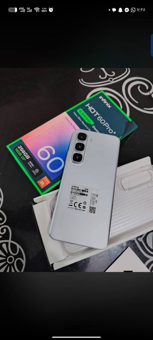 سلام عليكم جهاز انفنكس هوت60 بلص تفاصيل الجهاز👇🏻
- *الشاشة*: AMOLED منحنية 6.78 بوصة بدقة 1.5K (1224×2720 بكسل) ومعدل تحديث 144 هرتز
- *المعالج*: Mediatek Helio G200 ثماني النواة (2×2.2 GHz Cortex-A76 + 6×2.0 GHz Cortex-A55)
- *الذاكرة*: 256جيجابايت + 8 جيجابايت رام
- *الكاميرا*: خلفية 50 ميجابكسل + أمامية 13 ميجابكسل
- *البطارية*: 5160 مللي أمبير مع شحن سريع 45 واط
- *نظام التشغيل*: Android 15 مع واجهة XOS 15.1
- *الحماية*: مقاوم للماء والغبار IP65
- *الأبعاد*: 164×75.8×6 ملم، وزن 155 جرام

الجهاز على ايدي جديده يخبل يشغل بوبجي من 60 إلى 90 فريم
 السعر 300  مكاني بصره 
هاذ رقمي ***********

