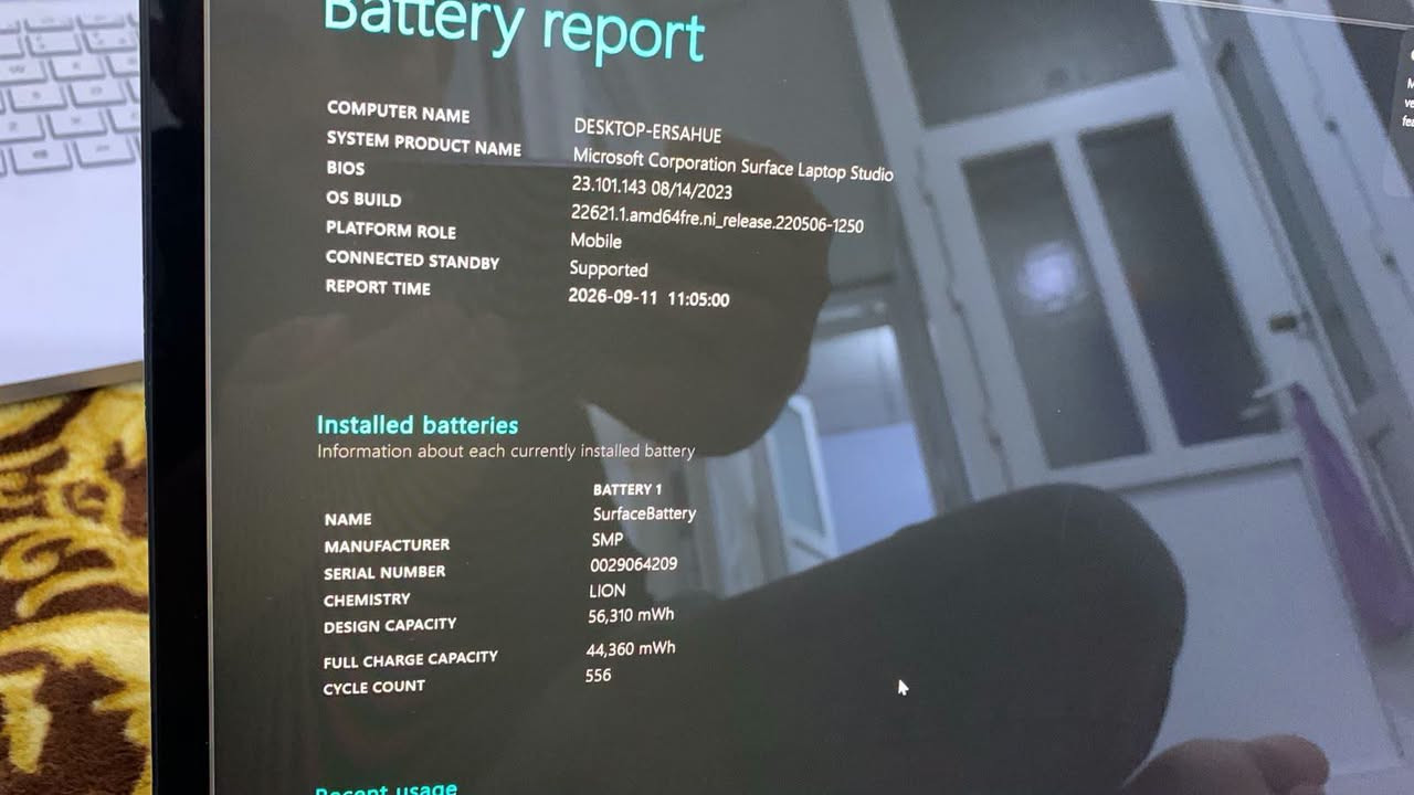 Microsoft Surface Studio RTX3050 TI 4GB
لابتۆپ بۆ فڕۆشتن 💻

پڕۆسێسەر: Intel Core i7-11370H (نەوەی 11)

ڕام: 16GB

هارد: 512GB SSD

کارتی گرافیک: RTX 3050 Ti 4GB

شاشە: 14.4 دیجیتاڵ تاچ 120Hz لەمس

تەندروستی پاتری: %78.7

دۆخی ئامێر: زۆر پاکە، تەنها شوێنی ڕەبری لایەنی هەیە (لە وێنەدا دیارە).

باشە بۆ: بەرنامەکانی ئەندازیاری، دیزاین، مۆنتاژ و یاری.

📍 شوێن: کەلار 📞 پەیوەندی: *********** 💰 نرخ: 630$

نص مكتوب في الصور:
- System > About Storage 477 GB 55 GB of 477 GB used Graphics Card 4 GB Multiple GPUs installed Installed RAM 16.0 GB Processor 11th Gen Intel(R) Core(TM) i7-11370H @ 3.30GHz 3.30 GHz Rename this PC DESKTOP-ERSAHUE Surface Laptop Studio Copy Device specifications Device name DESKTOP-ERSAHUE Processor 11th Gen Intel(R) Core(TM) i7-11370H @ 3.30GHz 3.30 GHz Installed RAM 16.0 GB (15.8 GB usable) Device ID 43968FA4-DEEB-4B61-95F3-D50F859DF593 Product ID 00330-66940-87442-AAOEM System type 64-bit operating system, x64-based processor Pen and touch Pen and touch support with 10 touch points Copy Related links Domain or workgroup System protection Advanced system settings Windows specifications Edition Windows 11 Pro Version 23H2 Installed on 8/14/2023 OS build 22631.6199 Experience Windows Feature Experience Pack 1000.22700.1108.0
- Battery report
- COMPUTER NAME	DESKTOP-ERSAHUE
- SYSTEM PRODUCT NAME	Microsoft Corporation Surface Laptop Studio
- BIOS	23.101.143 08/14/2023
- OS BUILD	22621.1.amd64fre.ni_release.220506-1250
- PLATFORM ROLE	Mobile
- CONNECTED STANDBY	Supported
- REPORT TIME	2026-09-11 11:05:00
- Installed batteries
- Information about each currently installed battery
- BATTERY 1
- NAME	SurfaceBattery
- MANUFACTURER	SMP
- SERIAL NUMBER	0029064209
- CHEMISTRY	LION
- DESIGN CAPACITY	56,310 mWh
- FULL CHARGE CAPACITY	44,360 mWh
- CYCLE COUNT	556