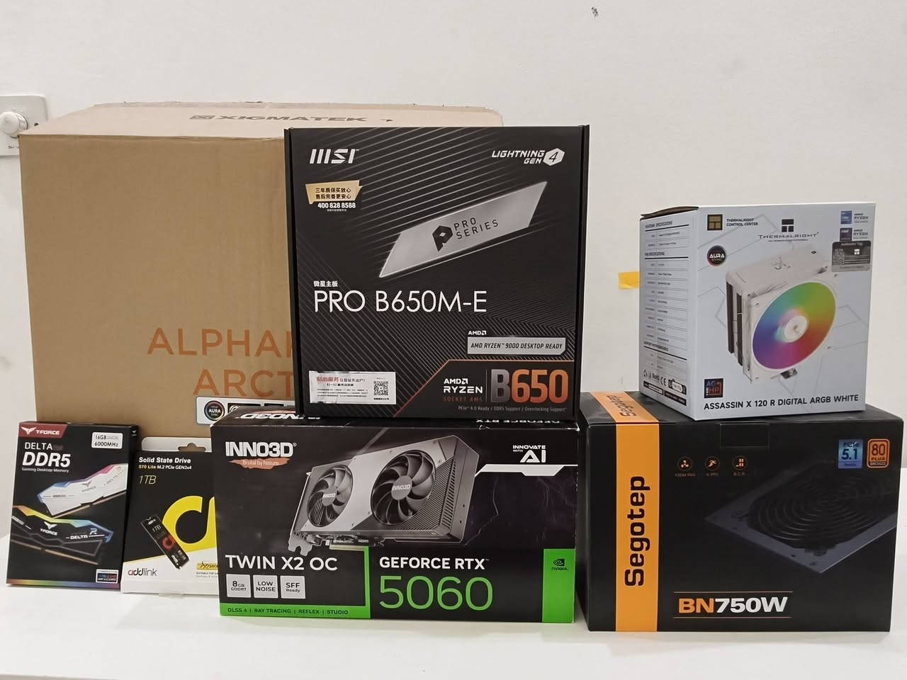 السلام عليكم
شاشة + تجميعةpc
كرت الشاشة | RTX 5060
Inno3D GeForce RTX 5060 Twin X2 OC
ذاكرة 8GB GDDR7
يدعم DLSS 4 + Ray Tracing
أداء ممتاز للألعاب ويدعم دقات عالية
⚡ الرام | DDR5
16GB DDR5
سرعة 6000MHz
مناسبة للألعاب والبرامج الثقيلة
🚀 المعالج | Ryzen 5 7600
AMD Ryzen 5 7600
6 Cores / 12 Threads
منصة AM5
أداء قوي للألعاب والاستخدامات المتعددة
💾 التخزين | SSD NVMe
سعة 1TB
M.2 NVMe
سرعة عالية في تشغيل الويندوز والألعاب والبرامج
❄️ التبريد
Thermaltake Assassin X 120 R Digital ARGB
🔌 الباور سبلاي
Segotep BN750W
قدرة 750W

الشاشة
Msi. 32inch 2k. 180HZ.  0.5ms
السعر مليون و ٧٥٠ الف
