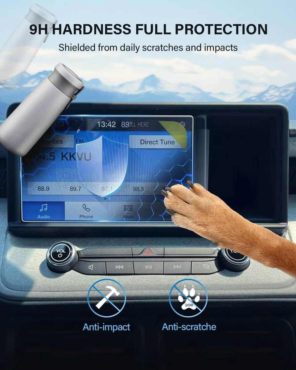 🚗 شاشة حماية زجاجية (WEIPIN Protector Series) لشاشة سيارة فورد مافريك 8 بوصة 🚗
احمِ شاشة سيارتك بأعلى درجات الأمان والوضوح! ✨

🔹 المواصفات والمميزات:
• التوافق: مخصصة بشكل كامل (100% Full Screen Fit) لشاشة سيارات Ford Maverick المقاس 8 بوصة.
مودل. 2022 —2025
• صلابة عالية (9H Hardness): حماية فائقة ضد الصدمات، الخدوش اليومية، وحتى خدوش أظافر 
الحيوانات الأليفة.

• تقنية منع الانعكاس والبصمات: مطلية بطبقة (AF) ومزودة بتقنيات (AR/AG) لتقليل انعكاس الضوء بنسبة تصل إلى 95% ومقاومة البصمات واللطخات.

• استجابة لمس فائقة ناعمة جداً في اللمس مع حواف منحنية (2.5D Arc Edge) غير حادة ومقاومة للكسر.

• وضوح متكامل (HD/Ultra-Transparent): تضمن الرؤية الواضحة والألوان الأصلية للشاشة دون أي تأثير على الجودة.  

💰 السعر: [15 الف]

📞 للتواصل والطلب: يرجى المراسلة على الخاص أو الاتصال برقم الهاتف: [***********]

تتوفر خدمة توصيل 🚚

نص مكتوب في الصور:
- WEIPIN 2024 Upgraded Protector Series Powered by premium material protection Nano Protector Series Exceptional Toughness & Durability HD Protector Series Ultra-transparent, slightly reducing fingerprints & sunlight AR Protector Series Increase AR coating on the tough Nano layer reduces 80% glare AG Protector Series Ultra-fine matte layer anti 95% glare, maintains brightness, ensures butter-silky
- 9H HARDNESS FULL PROTECTION
- Shielded from daily scratches and impacts
- Anti-impact
- Anti-scratche
- SENSITIVE TOUCH FEEDBACK AF vacuum electroplating coating, smooth to the touch Anti-fingerprint Anti-Smudge Sources FM Direct Tune 96.3 WDVD The Parlotones - I Alive 88.7 93.1 96.3 100. Audio Phone Apps 3:00 80°
- A 2.5D Seamless Fit Invisible Screen Protector Full Coverage & Shatterproof Edges 100% Full Screen Fit