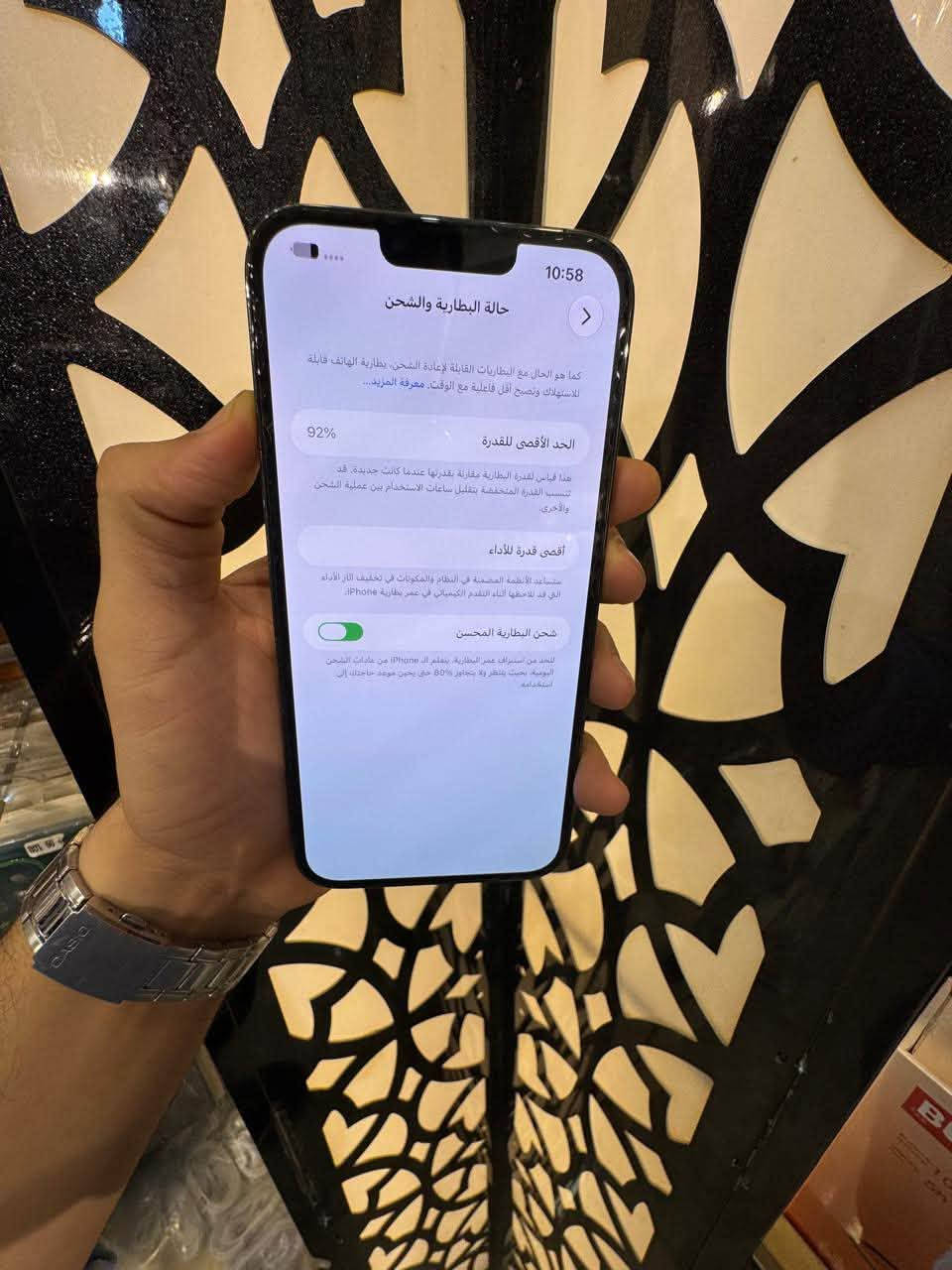 سلام عليكم

ايفون 13Pro Max بلادي بلادي (وتر بروف)
ذاكرة 256 بطارية 92% 
مكفول من كلشي شخط مابي 
كامل ملحقاته الاصلية (كارتون-كيبل)
اللون المميز 🩶
الجهاز ع فحص 
بسعر 775 وبي مجال

للاستفسار // ***********

نص مكتوب في الصور:
- 10:58
- حالة البطارية والشحن
- كما هو الحال مع البطاريات القابلة لإعادة الشحن، بطارية الهاتف قابلة للاستهلاك وتصبح أقل فاعلية مع الوقت. معرفة المزيد...
- 92%
- الحد الأقصى للقدرة
- هذا قياس لقدرة البطارية مقارنة بقدرتها عندما كانت جديدة. قد تتسبب القدرة المنخفضة بتقليل ساعات الاستخدام بين عملية الشحن والأخرى.
- أقصى قدرة للأداء
- تستساعد الأنظمة المدمجة في النظام والمكونات في تخفيف آثار الأداء التي قد تلاحظها أثناء التقدم الكيميائي في عمر بطارية iPhone.
- شحن البطارية المحسن
- للحد من استنزاف عمر البطارية، يتعلم الـ iPhone من عادات الشحن اليومية، بحيث ينتظر ولا يتجاوز 80% حتى يحين موعد حاجتك إلى استخدامه.
- حول
- < iPhone
- الاسم
- < 17.0
- إصدار iOS
- iPhone 13 Pro Max
- اسم الطراز
- MLEJ3LL/A
- رقم الطراز
- GW9DT60XVD
- الرقم التسلسلي
- 0
- الأغاني
- الفيديوهات
- الصور
- 256 غ.ب.
- السعة
- 236,81 غ.ب.
- متوفرة
- 30:D5:3E:22:68:DD
- Wi-Fi عنوان
- Bluetooth
- 30:D5:3E:12:CE:F4
- 7.00.01
- البرنامج الثابت للمودم