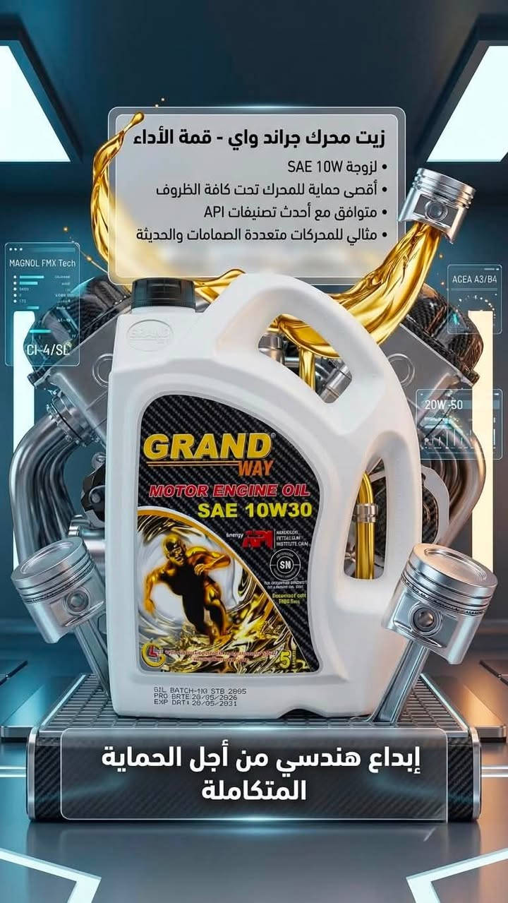 عزّز أداء محرك سيارتك ووفر صيانته مع أفضل زيوت المحركات العالمية! 🚗💨
لأن سيارتك تستحق الأفضل، نوفر لكم في المجمع الذهبي للإطارات أجود أنواع زيوت المحركات (Grand Way - Fine Oil - Magnol) المصممة لحماية المحرك وتقليل الاحتكاك حتى في أصعب ظروف القيادة ودرجات الحرارة العالية.
لماذا تختار زيوتنا؟
 حماية فائقة: تقليل التأكل واحتكاك الأجزاء الداخلية للمحرك.
 كفاءة واقتصاد: توفير في استهلاك الوقود واستجابة أسرع للمحرك.
 اعتمادية عالية: متوافقة مع أعلى المواصفات العالمية (API SP / CI-4).
 أسعار تنافسية: الجودة العالية بأنسب وأفضل الأسعار في السوق!
📍 العنوان: ذي قار  - قضاء النصر - عمارة الحاج نغيمش 
📞 للاستفسار والحجز: ***********
خدمتك مسؤوليتنا.. وراحة بالك أولوية لدينا! ✨
