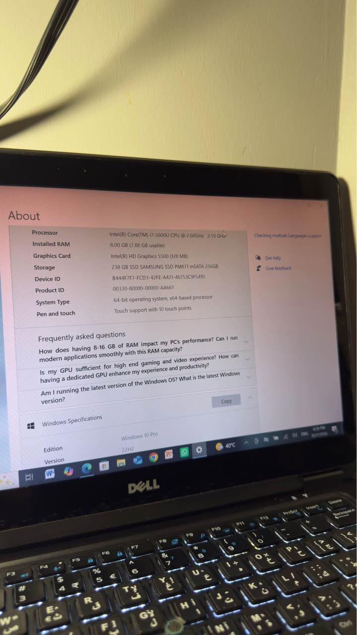 💻 لابتوب ديل عملية وممتازة للدراسة والتصفح والعمل مكتبي 💻  
📍 الموقع: بغداد، الغزالية  
المواصفات:
 الموديل: Dell Latitude E7450  
 المعالج: Intel Core i7-5600U  
 الذاكرة العشوائية (RAM): 8 جيجابايت DDR3  
 التخزين: SSD سعة 256 جيجابايت (سريع جداً في الإقلاع والفتح)  
 الشاشة: 14 بوصة تدعم اللمس (Touch Screen)  
 كرت الشاشة: Intel HD Graphics 5500  
 النظام: ويندوز 10 بروفيشينال مفّعل  
 الحالة: مستعمل  
⚠️ ملاحظة: البطارية ضعيفة وتحتاج تبديل (الجهاز يشتغل بكامل أداءه وسرعته عند ربطه بالشاحن مباشرة).  
💰 السعر: 150

للتواصل خاص
او على الرقم
*********** بغداد, العراق

نص مكتوب في الصور:
- About Processor Intel(R) Core(TM) i7-5600U CPU @ 2.60GHz 2.59 GHz Installed RAM 8.00 GB (7.88 GB usable) Graphics Card Intel(R) HD Graphics 5500 (128 MB) Storage 238 GB SSD SAMSUNG SSD PM871 mSATA 256GB Device ID B444F7F7-FCD3-42FE-A421-46753C9F5410 Product ID 00330-80000-00000-AA661 System Type 64-bit operating system, x64-based processor Pen and touch Touch support with 10 touch points Frequently asked questions How does having 8-16 GB of RAM impact my PC's performance? Can I run modern applications smoothly with this RAM capacity? Is my GPU sufficient for high end gaming and video experience? How can having a dedicated GPU enhance my experience and productivity? Am I running the latest version of the Windows OS? What is the latest Windows version? Windows Specifications Edition Windows 10 Pro Version 22H2
- About Your PC is monitored and protected. See details in Windows Security Related settings Change product key or upgrade your edition of Windows Read the Microsoft Software License Terms BitLocker settings Device Manager Remote desktop System protection Advanced system settings Rename this PC (advanced) Installed RAM 8.00 GB Processor Intel(R) Core(TM) i7-5600U CPU @ 2.60GHz Graphics Card 128 MB Storage 238 GB DDR3 2.59 GHz Intel(R) HD Graphics 5500 49 GB of 238 GB used Rename this PC DESKTOP-BCRTF2L Latitude E7450 Copy Help from the web Finding out how many cores my processor has Checking multiple Languages support Checking multiple Languages support Device Specifications Device Name DESKTOP-BCRTF2L Processor Intel(R) Core(TM) i7-5600U CPU @ 2.60GHz 2.59 GHz Installed RAM 8.00 GB (7.88 GB usable) Graphics Card 40°C 4:38 PM 9/27/2025