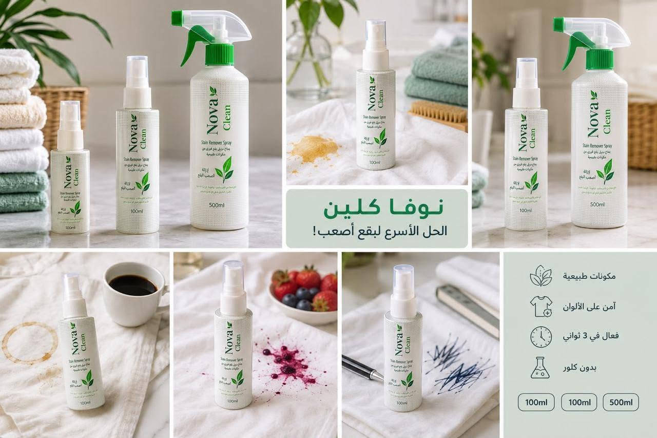 بفضل الله يتوفر لدى مكتب الأيهم منتجات نوفا كلين لأزالة اصعب البقع العنيدة  والاوساخ على جميع انواع الملابس والسجاد واثاث المنزل 
بالحجمين 
100ml
500ml 
يطلب حصريا من مكتب الأيهم 
للطلب والاستفسار 
***********

نص مكتوب في الصور:
- NOVA CLEAN نظافة طبيعية لحياة صحية لكل أفراد العائلة تركيبة طبيعية فعالة لتنظيف منزلك وحماية صحة أسرتك كل يوم آمن لجميع أفراد العائلة مكونات طبيعية 100% آمن للأطفال والحيوانات الأليفة خال من المواد الضارة والسموم صديق العائلة العراقية الله اكبر نظافة طبيعية ... حماية لكل أفراد الأسرة مناسبة للاستخدام اليومي فعالة في إزالة البقع والروائح مكونات طبيعية 100%
- نوفا كلين
- الحل الأسرع
- لبقع أصعب !
- مكونات
- طبيعية
- آمن على
- الألوان
- فعال في
- 3 ثواني
- بدون
- كلور
- الحل الأسرع لبقع أصعب!
- مكونات طبيعية
- آمن على الألوان
- فعال في 3 ثواني
- بدون كلور