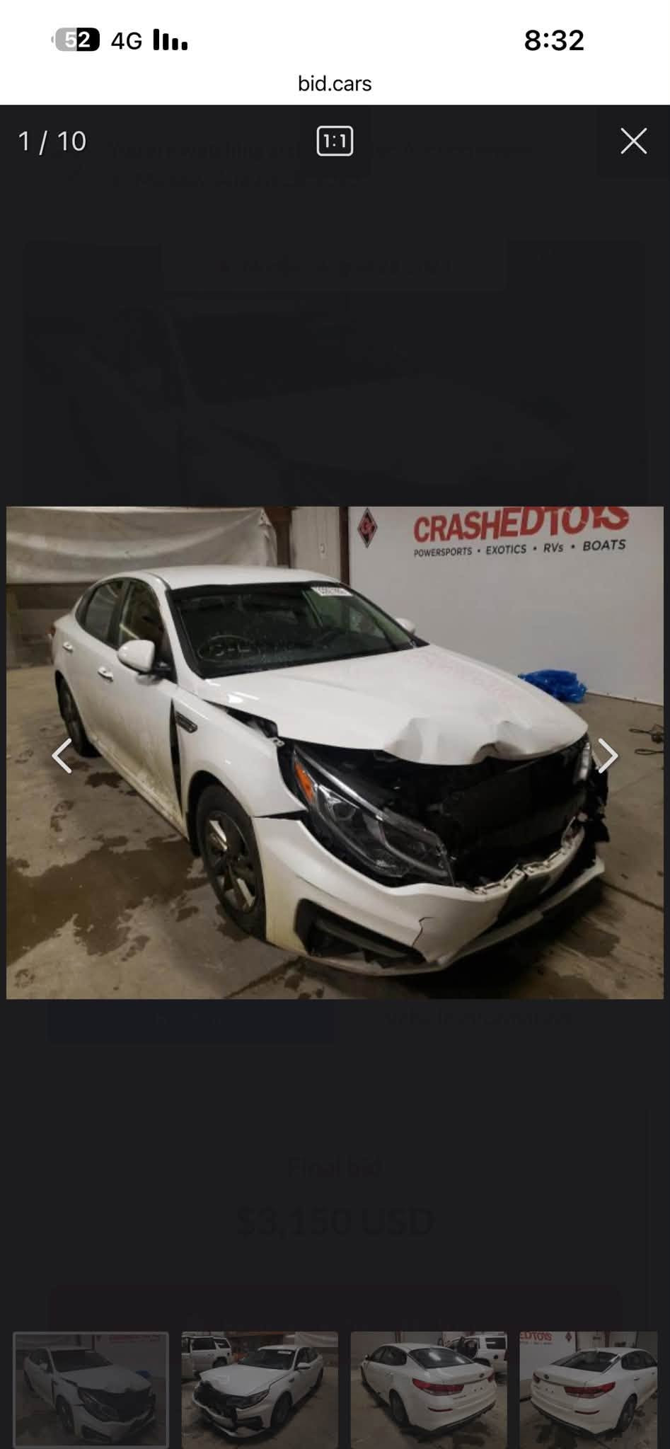 كيا اوبتيما موديل 20 مثنى معوقين 
ماشيه 120 السياره جاهزه من كلشي كير مكينه حدادية جديده 
وكاله عامه باسم المشتري مباشر بيه 3 قطع صبغ جاملغ وبنيد وباب حادثه موجود بالصور 
السعر 125 
***********

نص مكتوب في الصور:
- 52 4G 8:32 bid.cars 1 / 10 1:1 Final bid $3,150 USD
- 52 4G 8:32 bid.cars 4 / 10 1:1 Final bid $3,150 USD
- 52 4G 8:32 bid.cars 2 / 10 Final bid $3,150 USD
- 52 4G 8:32 bid.cars 3 / 10 1:1 Final bid $3,150 USD