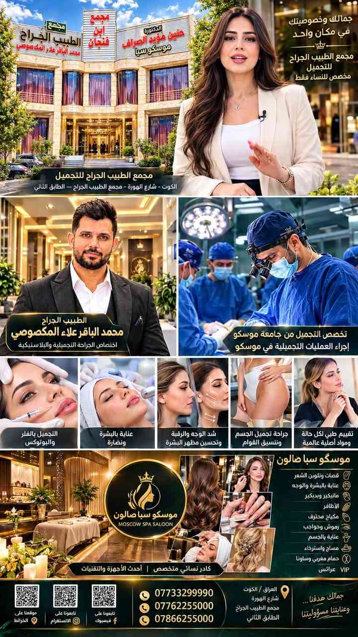 مكان واحد ✨🔥 عروض جديدة… والجمال له موعد! 🔥✨

👑 عروض حصرية ولفترة محدودة
في أقسام التجميل في مجمع الطبيب الجراح للتجميل 💎

🔥 لا تفوّتين الفرصة… احجزي الآن قبل انتهاء العروض! 🔥✨

💫 فرصة مميزة للعناية بجمالكِ، واختيار ما يناسبكِ من خدمات التجميل بإشراف متخصصين.
الدكتورة حنين الصراف
موسكو سبا صالون

⏳ لا تنتظري… العرض لفترة محدودة!
📲 سارعي بالحجز الآن واحجزي موعدكِ قبل اكتمال الحجوزات.

📍 العنوان:
الكوت – شارع الهورة – مجمع الطبيب الجراح – الطابق الثاني

📞 للحجز والاستفسار:
***********
***********
***********

https://maps.apple/p/N9-Xe99xRLrvZf

✨ جمالكِ مهم… وخصوصيتكِ وسلامتكِ أولويتنا.
👑 مجمع الطبيب الجراح للتجميل

� اتصال واحد الآن… وموعدكِ يكون محجوز!
🔥 لا تفوّتين العرض — احجزي هسه!

نص مكتوب في الصور:
- موسكو سبا صالون للتجميل جمالك في مكان واحد في مجمع الطبيب الجراج LIVER TOXINS GALLBLADDER INTESTINE GALLBLADDER TOXINS LYMPHATICS PORTAL VEIN LYMPHATICS KIDNEYS نستخدم طرق علمية حديثة عناية بالبشرة مانيكير وبديكير قصات وتسريح مساج وعناية بالجسم حمام مغربي وساونا مكياج وخدمات عرائس VIP في مجمع الطبيب الجراج
- موسكو سبا صالون للتجميل الكوت - شارع الهورة - مجمع الطبيب الجراج الطابق الثاني يقدم لكم أفضل طلاله للعرايس ومدعوات وباقي الاعمال ويسعار مناسبه يليق بأهلي وناسي أهل مدينه نعمانيه جمالك تاجنا إطلالات مميزة للعرايس مكياج وتسريحات لجميع المناسبات صبغات وتسريحات وعناية بالشعر أظافر عناية بالبشرة والجسم حمام مغربي للبشرة أكثر نضارة وجمالاً مساج للاسترخاء وتجديد الطاقة خدمات متنوعة أحدث الأجهزة والمنتجات مستحضرات عالمية الجودة كادر متخصص وذو خبرة لأنك تستحقين الأفضل *********** | *********** | ***********
- جمالك وخصوصيتك في مكان واحد
- مجمع الطبيب الجراح للتجميل
- مخصص للنساء فقط
- الكوت - شارع الهورة - مجمع الطبيب الجراح - الطابق الثاني
- الطبيب الجراح
- محمد الباقر علاء المكصوصي
- اختصاص الجراحة التجميلية والبلاستيكية
- تخصص التجميل من جامعة موسكو
- إجراء العمليات التجميلية في موسكو
- التجميل بالفِلر والبوتوكس
- عناية بالبشرة ونضارة
- شد الوجه والرقبة وتحسين مظهر البشرة
- جراحة تجميل الجسم وتنسيق القوام
- تقييم طبي لكل حالة ومواد أصلية عالمية
- قصات وتلوين الشعر
- عناية بالبشرة والوجه
- مانيكير وبديكير
- الأظافر
- مكياج محترف
- رموش وحواجب
- عناية بالجسم
- مساج واسترخاء
- حمام مغربي وساونا
- VIP عرائس
- كادر نسائي متخصص | أحدث الأجهزة والتقنيات
- العراق / الكوت
- شارع الهورة
- مجمع الطبيب الجراح
- الطابق الثاني
- جمالك هدفنا ... وعنايتنا مسؤوليتنا
- تابعونا على
- فيسبوك
- الانستغرام
- موقعنا على
- الخرائط