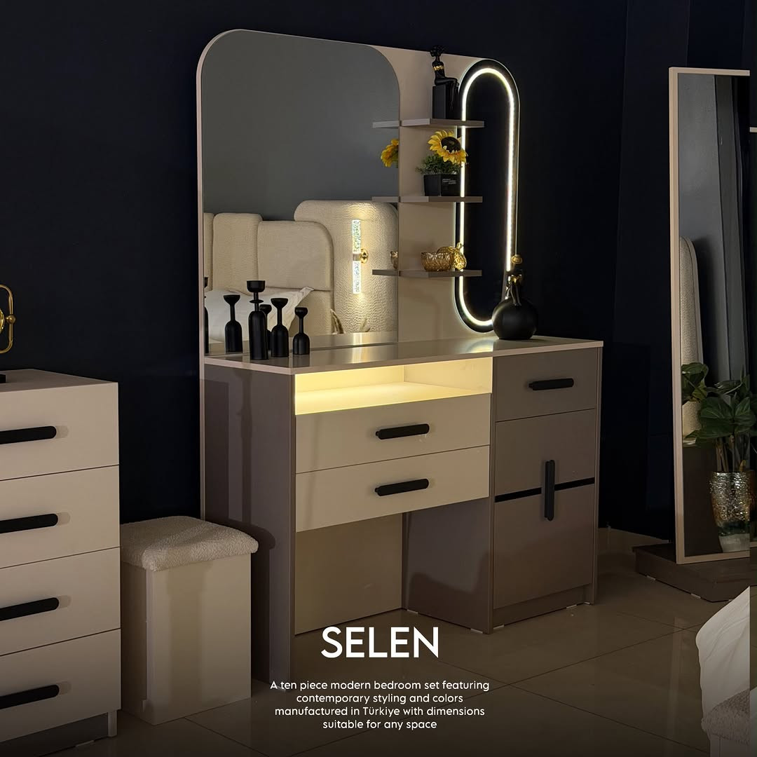 

نص مكتوب في الصور:
- SELEN A ten piece modern bedroom set featuring contemporary styling and colors manufactured in Türkiye with dimensions suitable for any space
- SELEN
- A ten piece modern bedroom set featuring
- contemporary styling and colors
- manufactured in Türkiye with dimensions
- suitable for any space
- A ten piece modern bedroom set featuring contemporary styling and colors manufactured in Türkiye with dimensions suitable for any space