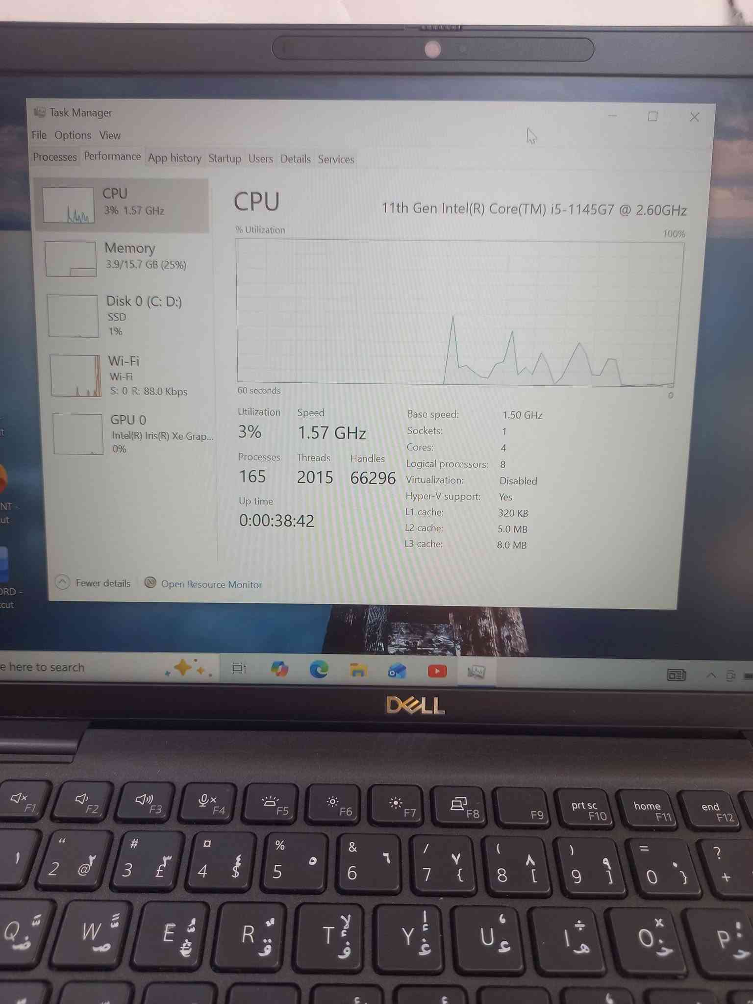 لابتوب دل 7420  dell
الجيل الحادي عشر 
المعالج كور اي 5 الجيل 11
الهارد    256    ssd  m.2
الرام  16  ddr4 
كارت الشاشة  8 شير 
حجم الشاشة  14 
الشاحنة اصلية 
يحتوي على منفذين تايب سي للشحن او نقل البيانات
نظام التشغيل ويندوز 10 عربي انكليزي 
الملحقات شاحنة تايب سي  وجنطة 
السعر  325

***********
***********
يوجد توصيل

متوفر 
تتوفر مجموعة لابتوبات بأسعار مناسبة ومواصفات مختلفة

نص مكتوب في الصور:
- About Your PC is monitored and protected. See details in Windows Security Installed RAM 16.0 GB Speed: 4267 MHz Processor 11th Gen Intel(R) Core(TM) i5-1145G7 @ 2.60GHz 1.50 GHz Graphics Card 128 MB Intel(R) Iris(R) Xe Graphics Storage 238 GB 50 GB of 238 GB used DESKTOP-N8FK656 Latitude 7420 Rename this PC Device Specifications Copy Device Name DESKTOP-N8FK656 Processor 11th Gen Intel(R) Core(TM) i5-1145G7 @ 2.60GHz 1.50 GHz
- About Device specifications Device Name DESKTOP-N8FK656 Processor 11th Gen Intel(R) Core(TM) i5-1145G7 @ 2.60GHz 1.50 GHz Installed RAM 16.0 GB (15.7 GB usable) Graphics Card Intel(R) Iris(R) Xe Graphics (128 MB) Storage 238 GB SSD KXG60ZNV256G NVMe KIOXIA 256GB Device ID 4EF9BCA7-B4D1-4473-A21B-C88272972659 Product ID 00325-97273-65845-AAOEM System Type 64-bit operating system, x64-based processor Pen and touch No pen or touch input is available for this display Frequently asked questions How does having 16 GB or more of RAM impact my PC's performance? Can I run modern applications smoothly with this RAM capacity? Is my GPU sufficient for high end gaming and video experience? How can having a dedicated GPU enhance my experience and productivity? Am I running the latest version of the Windows OS? What is the latest Windows version? Windows Specifications Copy
- Task Manager
- File Options View
- Processes Performance App history Startup Users Details Services
- CPU
- 3% 1.57 GHz
- Memory
- 3.9/15.7 GB (25%)
- Disk 0 (C: D:)
- SSD
- 1%
- Wi-Fi
- S: 0 R: 88.0 Kbps
- GPU 0
- Intel(R) Iris(R) Xe Grap...
- 0%
- % Utilization
- 60 seconds
- Utilization
- 3%
- Processes
- 165
- Speed
- 1.57 GHz
- Threads
- 2015
- Up time
- 0:00:38:42
- 11th Gen Intel(R) Core(TM) i5-1145G7 @ 2.60GHz
- Handles
- 66296
- Base speed:
- Sockets:
- Cores:
- Logical processors:
- Virtualization:
- Hyper-V support:
- L1 cache:
- L2 cache:
- L3 cache:
- 1.50 GHz
- 1
- 4
- 8
- Disabled
- Yes
- 320 KB
- 5.0 MB
- 8.0 MB
- Fewer details
- Open Resource Monitor
- e here to search
- 2% 1.36 GHz
- S: 0 R: 0 Kbps
- Memory usage
- 16.0 GB
- 15.7 GB
- 0
- Memory composition
- In use (Compressed)
- 3.8 GB (35.3 MB)
- Available
- 11.9 GB
- Speed:
- Slots used:
- Form factor:
- Hardware reserved:
- 4267 MHz
- 8 of 8
- Row of chips
- 274 MB
- Committed
- 3.7/18.6 GB
- Cached
- 1.1 GB
- Paged pool
- 177 MB
- Non-paged pool
- 225 MB
- here to search
- DELL
- Task Manager File Options View Processes Performance App history Startup Users Details Services CPU 1% 1.68 GHz Memory 3.9/15.7 GB (25%) Disk 0 (C: D:) SSD 0% Wi-Fi Wi-Fi S: 0 R: 0 Kbps GPU 0 Intel(R) Iris(R) Xe Grap... 0% GPU Intel(R) Iris(R) Xe Graphics 3D 0% Copy 0% Video Decode 0% Video Processing 0% Shared GPU memory usage 7.9 GB Utilization 0% GPU Memory 0.3/7.9 GB Shared GPU memory 0.3/7.9 GB Driver version: 32.0.101.7088 Driver date: 6/17/2026 DirectX version: 12 (FL 12.1) Physical location: PCI bus 0, device 2, function 0 Fewer details Open Resource Monitor
- DirectX Diagnostic Tool System Display Sound Input Device Name: Intel(R) Iris(R) Xe Graphics Manufacturer: Intel Corporation Chip Type: Intel(R) Iris(R) Xe Graphics Family DAC Type: Internal Device Type: Full Display Device Approx. Total Memory: 8183 MB Display Memory (VRAM): 128 MB Shared Memory: 8055 MB DirectX Features DirectDraw Acceleration: Enabled Direct3D Acceleration: Enabled AGP Texture Acceleration: Enabled Notes No problems found. Drivers Main Driver: igdumdim64.dll,igd10iumd64.dll,igd10 Version: 32.0.101.7088 Date: 6/16/2026 17:00:00 WHQL Logo'd: Yes Direct3D DDI: 12 Feature Levels: 12_1,12_0,11_1,11_0,10_1,10_0,9_3 Driver Model: WDDM 2.7 Help Next Page Save All Information... Exit