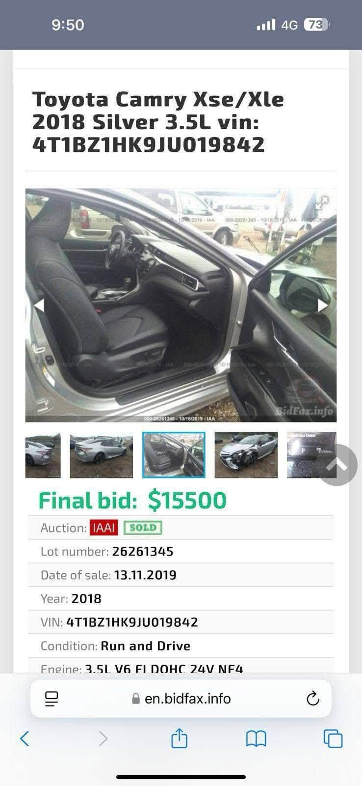 لبيع سيارة
Toyota Camry XSE 2018
سعرها 175 وبيه مجال بسيط جداً أعلى فئة، ماشية 161000KM
حادثها موضح ب المنشور داخ بطانه الجاملغ شرط بدون شواصي 
مواصفات السيارة :
- بصمة دخول ذكي
- ﻿﻿حساسات 360
- ﻿﻿رادارات 360
- ﻿﻿كاميرات 360 محيطة
- ﻿﻿نقاط عمياء جانبية
- ﻿﻿توقف ذاتي أمامي وخلفي
- ﻿﻿قيادة ذاتية / تحديد مسار
- ﻿﻿إشارات بالمرايا الجانبية
- ﻿﻿بانوراما + توووو كلر بلاد شركة
- ﻿﻿سماعات JBL / داتا شو
- ﻿﻿كشنات أمامية كهرباء
- ﻿﻿كشنات تدفئة  د
- ﻿﻿تدفئة المرايا الجانبية
- ﻿﻿قطعتين تبريد أمامي وخلفي
- ﻿﻿شحن لاسلكي / شفتات ستيرن
- ﻿﻿سايد بريك كهرباء / نظام أوتو هولد
Eco Normal Sport :أنظمة قيادة -
- لايتات أمامية وخلفية ليد نظام Active
الرقم : ***********

نص مكتوب في الصور:
- Toyota Camry Xse/Xle 2018 Silver 3.5L vin: 4T1BZ1HK9JU019842
- Toyota Camry Xse/Xle 2018 Silver 3.5L vin: 4T1BZ1HK9JU019842 Final bid: $15500 Auction: IAAI SOLD Lot number: 26261345 Date of sale: 13.11.2019 Year: 2018 VIN: 4T1BZ1HK9JU019842 Condition: Run and Drive Engine: 3.5L V6 FI DOHC 24V NF4 en.bidfax.info