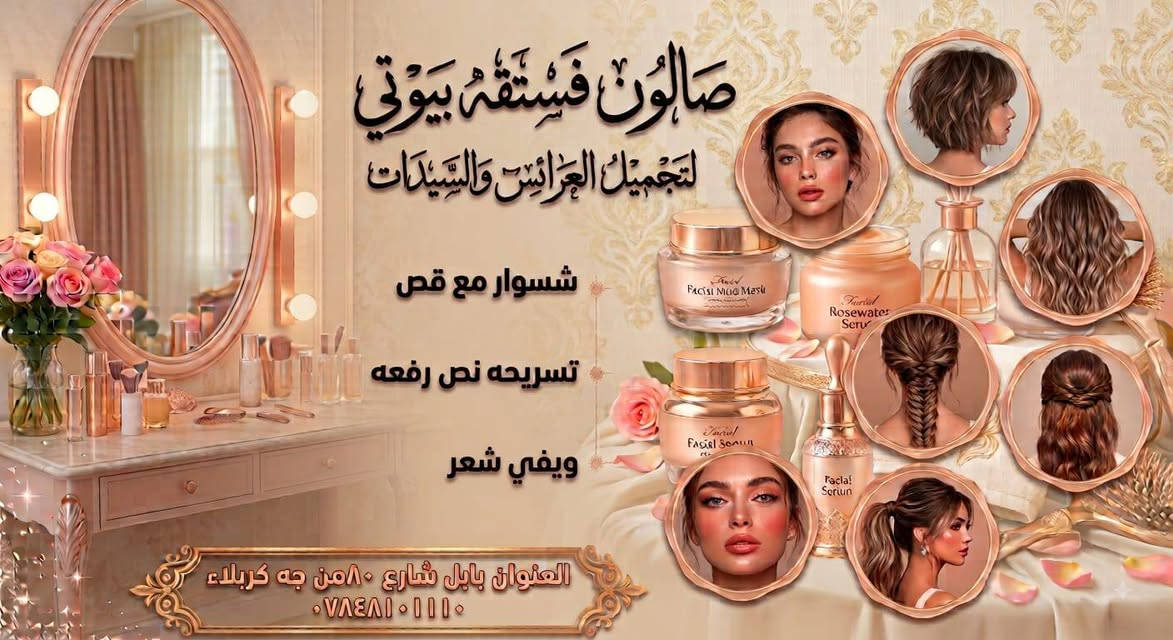 هلا بنات حبايب قلبي بالشت العروض داخل صالون فستقه بيوتي العنوان شارع 80 من جهة كربلاء للاستفسار الاتصال ع الرقم التالي ***********
