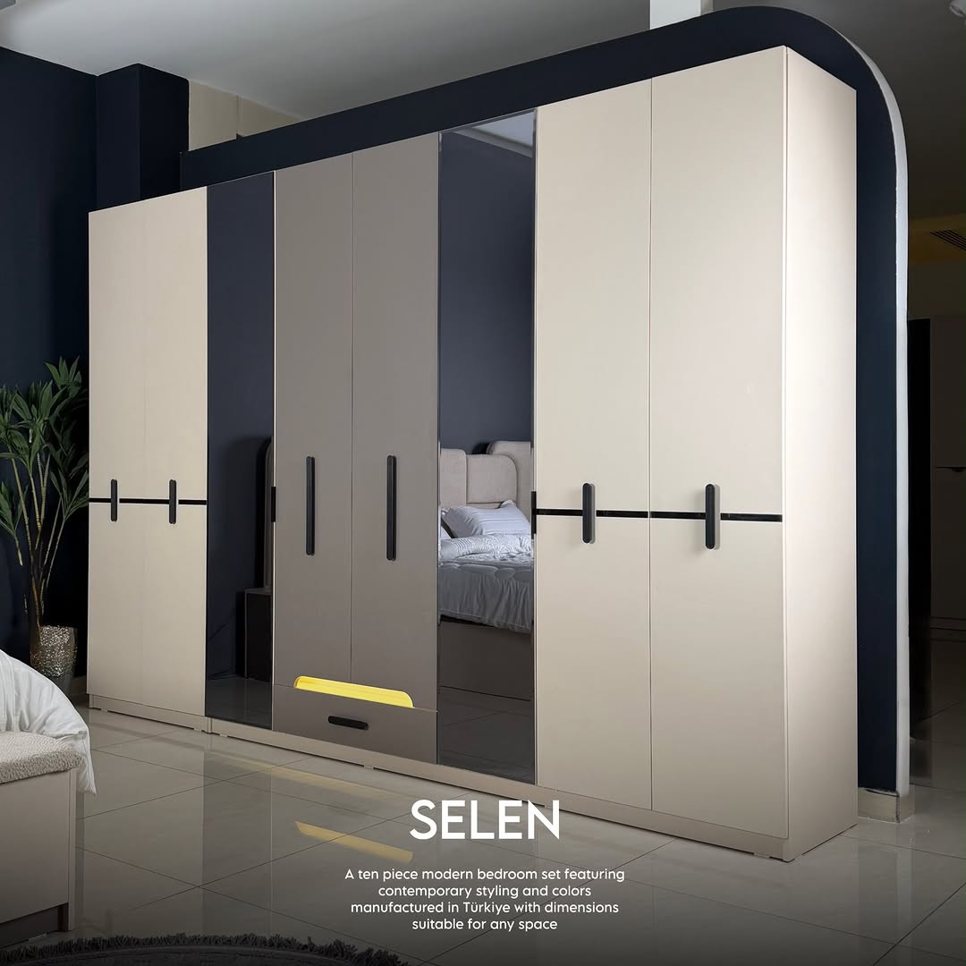 

نص مكتوب في الصور:
- SELEN A ten piece modern bedroom set featuring contemporary styling and colors manufactured in Türkiye with dimensions suitable for any space
- SELEN
- A ten piece modern bedroom set featuring
- contemporary styling and colors
- manufactured in Türkiye with dimensions
- suitable for any space
- A ten piece modern bedroom set featuring contemporary styling and colors manufactured in Türkiye with dimensions suitable for any space
