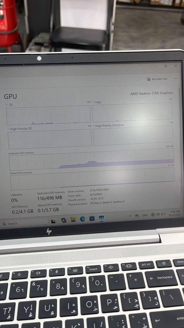 HP PROBOOK 645 G9
CPU: RYZEN 7 5825U

المعالج قوي  يعادل CORI 7 GEN 12  

مناسب للالعاب والبرامج الهندسيه 

RAM: 8 GB DDR4

HARD: 256 GB SSD
16 خيط (Threads)
 
8 أنوية (Cores)

داخلي GPU: AMD SHARED 4G

SCREEN: 14.0" FHD

نظافه 95% 

التوصيل مجاني + ضمان صيانه 

السعر 475 الف 

واتساب ***********

نص مكتوب في الصور:
- AMD Ryzen 7 5825U with Radeon Graphics 60 seconds Utilization 6% Speed 2.00 GHz Processes 184 Threads 3222 Handles 70127 Up time 0:00:00:48 Base speed: 2.00 GHz Sockets: 1 Cores: 8 Logical processors: 16 Virtualization: Enabled L1 cache: 512 KB L2 cache: 4.0 MB L3 cache: 16.0 MB
