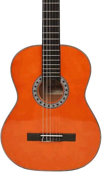 هذا غيتار كلاسيكي (Classical Guitar)، ويُعرف أيضاً بالغيتار الإسباني.
يتميز هذا النوع من الغيتارات بعدة خصائص واضحة في الصورة:
• الأوتار: يستخدم أوتاراً مصنوعة من النايلون (Nylon Strings) والتي تعطي صوتاً دافئاً وناعماً، وتكون أخف على الأصابع مقارنة بالأوتار المعدنية.
• رأس الغيتار (Headstock): يحتوي على فتحات طولية تُثبت بداخلها مفاتيح الدوزان، وهو التصميم التقليدي للغيتار الكلاسيكي.
• الرقبة (Neck): تكون عادةً أعرض ومسطحة أكثر مقارنة بالغيتار الأكوستيك (الصوتي) ذو الأوتار المعدنية.