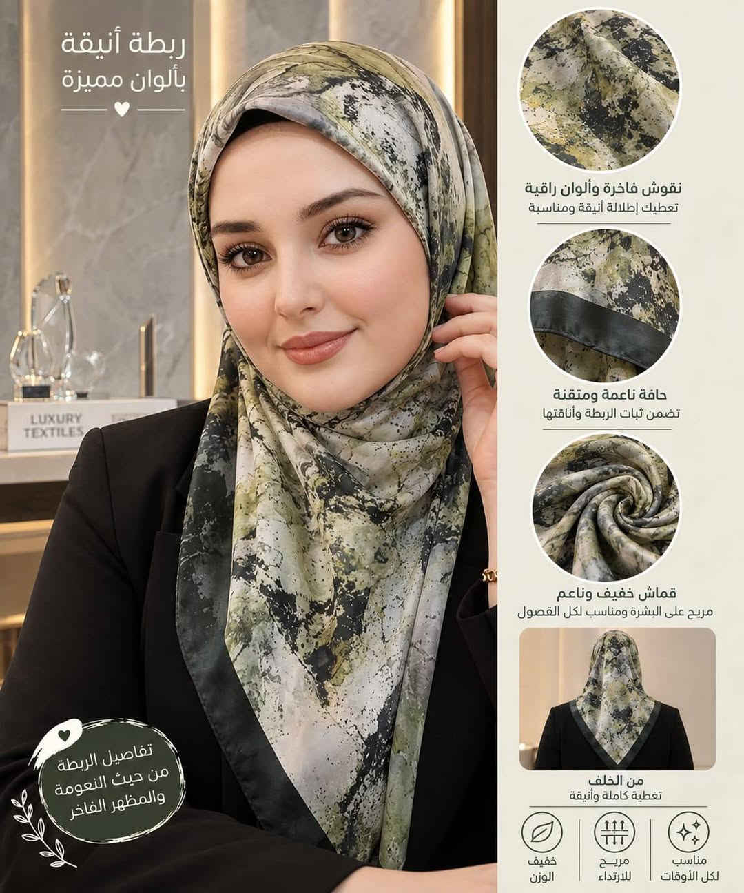 ربطات جرجيت ✨️ستن ✨️شيفون
  📏 القياس: 110سم
💰 السعر: 5,00 د.ع فقط 
متوفر توصيل

نص مكتوب في الصور:
- ربطة أنيقة بألوان مميزة نقوش فاخرة وألوان راقية تمنحك إطلالة أنيقة ومناسبة حافة ناعمة ومتقنة تضمن ثبات الربطة وأناقتها قماش خفيف وناعم مريح على البشرة ومناسب لكل الفصول من الخلف تغطية كاملة وأنيقة مناسب لكل الأوقات مريح للارتداء خفيف الوزن تفاصيل الربطة من حيث النعومة والمظهر الفاخر
- ربطة أنيقة بألوان مميزة
- نقوش فاخرة وألوان راقية تعطيكم إطلالة أنيقة ومناسبة
- حافة ناعمة ومتقنة تضمن ثبات الربطة وأناقتها
- قماش خفيف وناعم مريح على البشرة ومناسب لكل الفصول
- تفاصيل الربطة من حيث النعومة والمظهر الفاخر
- من الخلف تغطية كاملة وأنيقة
- مناسب لكل الأوقات
- مريح للارتداء
- خفيف الوزن
- ربطة أنيقة بألوان مميزة نقوش فاخرة وألوان راقية تعطيك إطلالة أنيقة ومناسبة حافة ناعمة ومتقنة تضمن ثبات الربطة وأناقتها قماش خفيف وناعم مريح على البشرة ومناسب لكل الفصول من الخلف تعطية كاملة وأنيقة مناسب لكل الأوقات مريح للارتداء خفيف الوزن تفاصيل الربطة من حيث النعومة والمظهر الفاخر
- تفاصيل الربطة
- حواف مزخرفة بأحجار لامعة
- بشكل أنيق وهادئ
- قماش الربطة
- قماش ستريج ناعم ومريح
- من الخلف
- تغطية كاملة وأنيقة
- مناسبة
- لكل الأوقات
- مريحة
- للارتداء
- خفيفة
- الوزن
- بسيطة .. ناعمة .. وتكمل جمالك ربطة جرجيت أناقة بسيطة .. لكل يوم القماش: جرجيت القياس: 105 سم (قياس مناسب ومريح) السعر: 5,000 دينار الترتيب: مرتبة وسهلة باللبس مميزات الربطة قماش جرجيت ناعم وخفيف ما يسبب حرارة ثبات عالي على الرأس مناسبة للدوام والمشاوير والمناسبات متوفرة بعدة ألوان حسب المتوفر للطلب والاستفسار راسلونا بالخاص قياس الربطة 105 سم 105 سم تفصيلة القماش من الخلف جودة .. راحة .. أناقة
- ربطة أنيقة بألوان مميزة نقوش فاخرة وألوان راقية تمنحك إطلالة أنيقة ومتناسقة حافة ناعمة ومتقنة تضمن ثبات الربطة وأناقتها قماش خفيف وناعم مريح على البشرة ومناسب لكل الفصول تفاصيل الربطة من حيث النعومة والمظهر الفاخر من الخلف تغطية كاملة وأنيقة مناسب لكل الأوقات مريح للارتداء خفيف الوزن
- ربطة أنيقة بألوان مميزة نقوش عصرية وألوان هادئة تمنحك إطلالة أنيقة ومختلفة حافة ناعمة ومتلقنة تضمن ثبات الربطة وأناقتها قماش خفيف وناعم مريح على البشرة ومناسب لكل الفصول من الخلف تغطية كاملة وأنيقة مناسب لكل الأوقات مريح للارتداء خفيف الوزن تفاصيل الروبة من حيث النعومة والمظهر الفاخر
