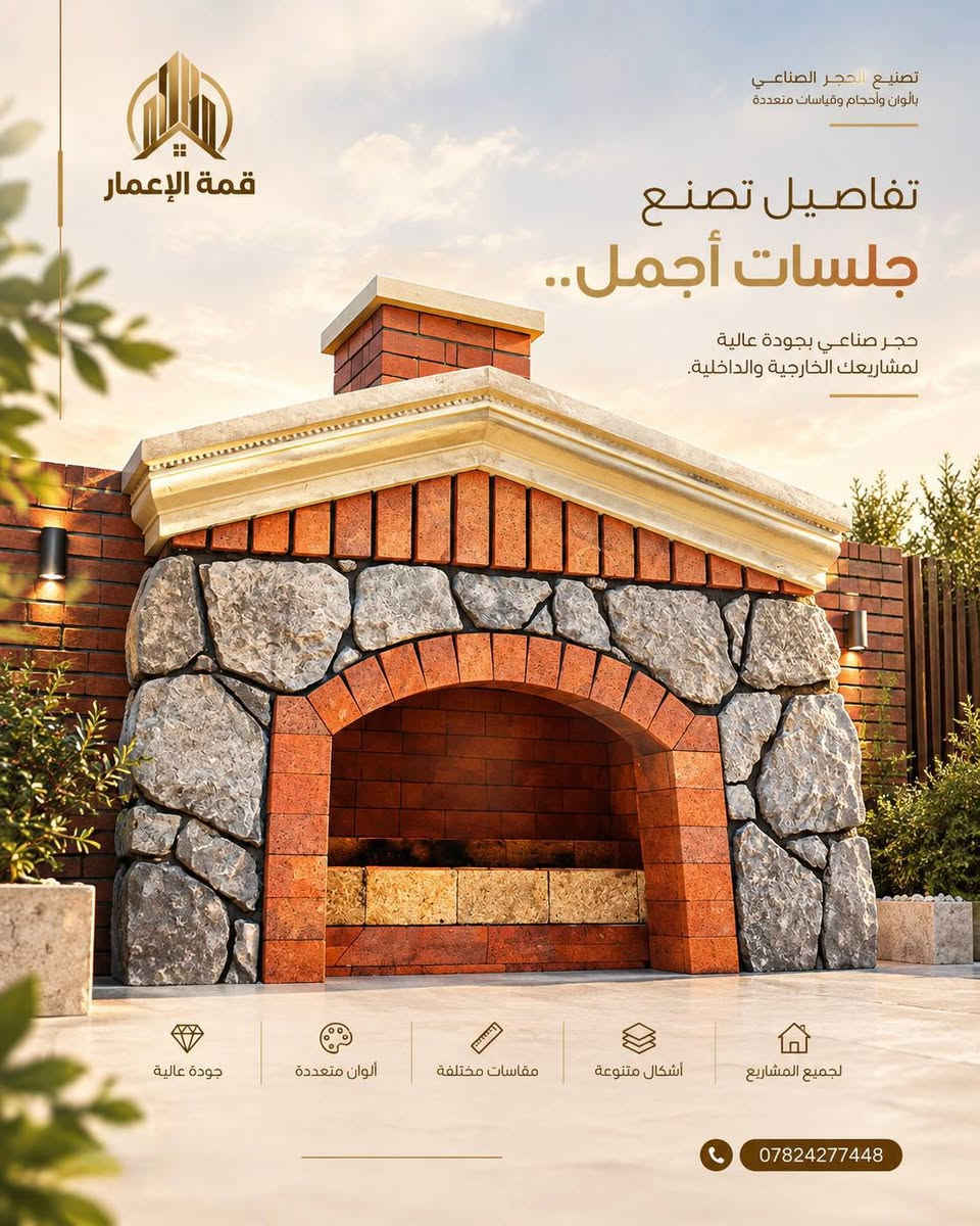 🏛️ الحجر الصناعي… فخامة تكمّل جمال واجهتك ✨

إذا تريد واجهة بيتك تكون مميزة، أنيقة وبتفاصيل تلفت النظر، فاختيار الحجر الصناعي وتنفيذه بطريقة صحيحة يصنع فرق كبير. 🔥

في مكتب قمة الإعمار للمقاولات العامة نقدم أعمال الحجر الصناعي للواجهات، مع تنسيق الألوان والتفاصيل بما يتناسب مع تصميم المنزل، وتنفيذ احترافي يهتم بأدق التفاصيل.

🔸 تنفيذ واجهات بالحجر الصناعي
🔸 تصاميم مودرن وكلاسيك ونيوكلاسيك
🔸 دمج الحجر مع الفوم والدهانات
🔸 تشطيبات دقيقة وتنفيذ متكامل
🔸 حلول تناسب مختلف المساحات والميزانيات

✨ قمة الإعمار… نخلي واجهتك تحچي عن فخامتك.

📞 للاستفسار والحجز:
***********

#قمة_الإعمار #الحجر_الصناعي #واجهات #واجهات_منازل #تصميم_واجهات #تشطيبات #مقاولات #بناء_وتشطيب #الانبار

نص مكتوب في الصور:
- قمة الاعمار مو مجرد حجر. تفصيل يغير الواجهة. حجر صناعي للواجهات بتنوع يناسب رؤيتك ***********
- قمة الإعمار تصنيع الحجر الصناعي بألوان وأحجام وقياسات متعددة مو كل واجهة... نفس القياس. أحجام وقياسات متعددة حتى تحصل على النتيجة اللي تناسب مشروعك. أحجام متنوعة قياسات دقيقة أشكال متعددة جودة عالية ألوان متعددة تصنيع حسب الطلب مناسب لجميع المشاريع ***********
- قمة الاعمار
- تصاميم عصرية بجودة عالية
- تصنيع الحجر الصناعي بألوان وأحجام وقياسات متعددة قمة الإعمار لونك... على ذوقك. ألوان متعددة لتختار الحجر الأقرب لمشروعك. تفاصيل دقيقة بجودة عالية بيج رملي طوبي بني رمادي أسود ألوان متنوعة أحجام وقياسات متعددة جودة عالية مناسب لجميع المشاريع ***********
- قمة الإعمار تصنيع الحجر الصناعي بألوان وأحجام متعددة تفاصيل تصنع جلسات أجمل.. حجر صناعي بجودة عالية لمشاريعك الخارجية والداخلية. جودة عالية ألوان متعددة مقاسات مختلفة أشكال متنوعة لجميع المشاريع ***********