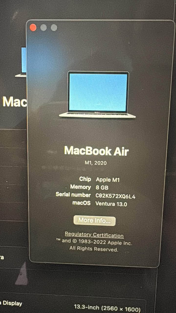 #متوفر_مستخدم
MacBook Air M1 13inch
Ram 8
Hard 256
Cycle 11
Battery 99% 🔥🔥
كامل الملحقات 
نظافة 100% على وضع الشركة 
السعر 835,000
يتوفر توصيل 🚚 
للاستفسار والاتصال على الرقم

***********
