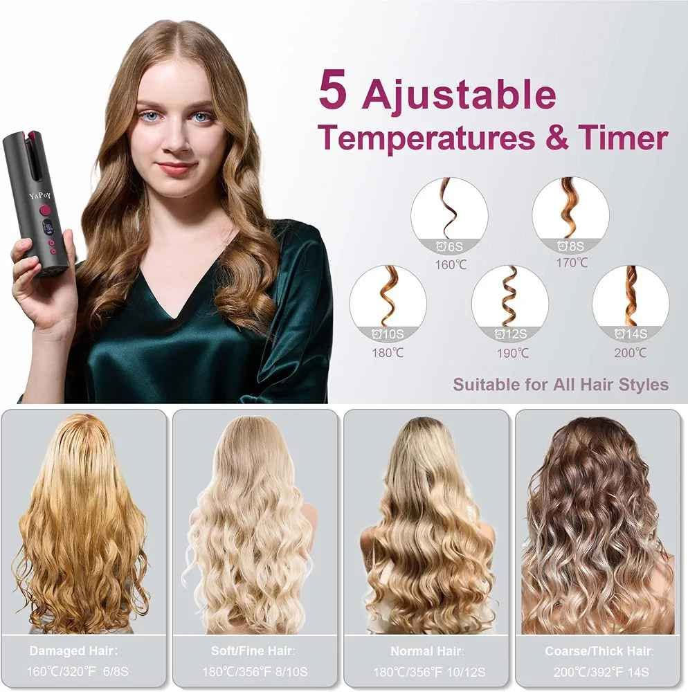 YAPOY Cordless Automatic Hair Curler Rechargeable Auto Curlers with 5 Temps & Timers, Heat Insulation Chamber, LCD Screen, Auto Shut-Off, Suitable for Short & Long Hair Styling - Grey&Magenta

)
ئامێری YAPOY Wireless Auto Hair Curler (Model YB100) یەکێکە لە باشترین و ئاسانترین ئامێرەکانی لۆلەکردنی قژ بە شێوازێکی ئۆتۆماتیکی و بێ وایەر.
## 🌟 لۆگۆ و شێوازی دیزاین

* لۆگۆ: ناوی براندەکە YAPOY بە ڕەنگی زیوی لەسەر جەستەی ئامێرەکە نەخشێنراوە.
* ڕەنگ: ڕەنگی خۆڵەمێشی تۆخ (Grey) لەگەڵ پەمەیی تۆخ (Magenta).

## 📺 هێماکانی سەر شاشەی LCD

* L / R (ئاراستە): هێمای L بۆ لۆلەکردن بەرەو چەپ، هێمای R بۆ لۆلەکردن بەرەو ڕاست.
* پلەی گەرمی: نیشاندانی گەرمی ئامێرەکە (لە نێوان 160°C بۆ 200°C).
* چرکە (s): کاتی مانەوەی قژەکە لە ناو ئامێرەکە (6s بۆ 14s).
* 🔋 پاتری: نیشاندانی ڕێژەی شەحنی پاترییە 5200mAh کە پێویستی بە وایەری کارەبا نییە لە کاتی ئیشکردندا.

## ⚙️ تەرتیبات و ڕێکخستنی گەرمی و کات

* قژی زیانپێکەوتوو: 160°C | 6 بۆ 8 چرکە (شەپۆلی زۆر نەرم)
* قژی تەنک و نەرم: 180°C | 8 بۆ 10 چرکە (لۆلەی سروشتی)
* قژی ئاسایی: 180°C | 10 بۆ 12 چرکە (لۆلەی ڕێک و دیار)
* قژی ئەستوور و خەست: 200°C | 14 چرکە (لۆلەی توند و کێرلی تەواو)

## 📝 هەنگاوەکانی بەکارهێنان

   1. داگیرساندن: دوگمەی سەرەکی (Power) بۆ ماوەی 3 چرکە داگرە.
   2. ڕێکخستن: دووبارە دەست بنێ بە دوگمەی سەرەکیدا، پاشان بەو دوگمە بچووکەی تر پلەی گەرمی، کات، و ئاراستەی (L/R) دیاری بکە.
   3. دانانی قژ: تاڵێکی تەنک لە قژت بخە ناو ئەو بەشەی کە شێوەی U یە.
   4. لولەکردن: دوگمەی گەورەی GO داگرە و بەردەوام بە لە گرتنی تا ئەو کاتەی دەنگی بیپ (Beep) نامێنێت، پاشان قژت بە نەرمی بێنە دەرەوە.

------------------------------
## 📑 اللغة العربية (Arabic)
جهاز YAPOY Wireless Auto Hair Curler (Model YB100) هو أحد أفضل وأسهل الأجهزة لتجعيد وتجفيف الشعر تلقائياً وبدون أسلاك.
## 🌟 الشعار والتصميم

* الشعار: اسم العلامة التجارية YAPOY محفور باللون الفضي الأنيق على جسم الجهاز.
* الألوان: يأتي باللون الرمادي الغامق (Grey) مع لمسات باللون الوردي (Magenta).

## 📺 رموز شاشة الـ LCD

* L / R (الاتجاه): الرمز L يعتني بلف الشعر نحو اليسار، والرمز R يعني نحو اليمين.
* درجة الحرارة: تعرض حرارة الجهاز الحالية (بين 160°C و 200°C).
* الثواني (s): تعرض مؤقت بقاء الشعر داخل الجهاز (من 6 إلى 14 ثانية).
* 🔋 البطارية: توضح مستوى شحن البطارية القوية بقوة 5200mAh والتي تعمل لاسلكياً بالكامل.

## ⚙️ الإعدادات الموصى بها حسب نوع الشعر

* شعر تالف: 160°C | من 6 إلى 8 ثوانٍ (تموجات خفيفة وواسعة)
* شعر ناعم/خفيف: 180°C | من 8 إلى 10 ثوانٍ (تموجات طبيعية ومرنة)
* شعر عادي: 180°C | من 10 إلى 12 ثانية (خصلات ملفوفة وواضحة)
* شعر سميك/كثيف: 200°C | 14 ثانية (خصلات كيرلي متماسكة جداً)

## 📝 خطوات الاستخدام بالتفصيل

   1. التشغيل: اضغطي مع الاستمرار على زر الطاقة (Power) لمدة 3 ثوانٍ.
   2. الضبط: اضغطي على زر الطاقة مرة أخرى لتحديد (الحرارة، الاتجاه، الوقت) وقومي بتغيير القيم بالزر الصغير.
   3. وضع الشعر: خذي خصلة صغيرة من الشعر وضعيها داخل الفتحة التي على شكل حرف U.
   4. اللف التلقائي: اضغطي مع الاستمرار على زر GO الكبير، ولا تتركي الزر حتى يتوقف صوت الصفير (Beep) تماماً، ثم اسحبي الخصلة بلطف.

ئایا دەتەوێت زانیاری زیادە لەسەر شێوازی پاککردنەوەی ئەم ئامێرە بزانیت، یان دەتەوێت کاتژمێری کارکردنی پاترییەکەت بۆ دیاری بکەم؟
هل تودين معرفة طريقة تنظيف الجهاز أو الاستفسار عن مدة عمل البطارية بعد الشحن؟ السليمانية, العراق

نص مكتوب في الصور:
- Large Curl Chamber No skill need & Save your time TIPS: Just loosen the hair after the curler stops working when the hair is tangled, and then restart the machine to use.
- 5 Ajustable Temperatures & Timer 6S 160°C 8S 170°C 10S 180°C 12S 190°C 14S 200°C Suitable for All Hair Styles Damaged Hair: 160°C/320°F 6/8S Soft/Fine Hair: 180°C/356°F 8/10S Normal Hair: 180°C/356°F 10/12S Coarse/Thick Hair: 200°C/392°F 14S
- Ours Auto curling, easy to use Anti-scald design The curler last all day Long battery life Others Manual curling, skills required Easily burns facial skin Doesn't keep the curl long at all Short cord, hard to operation & carry
- Cordless Automatic Hair Curler Ant-scald Temperature control Easy to carry Automatic curlimg Type-c Charging 5200mAh Battery