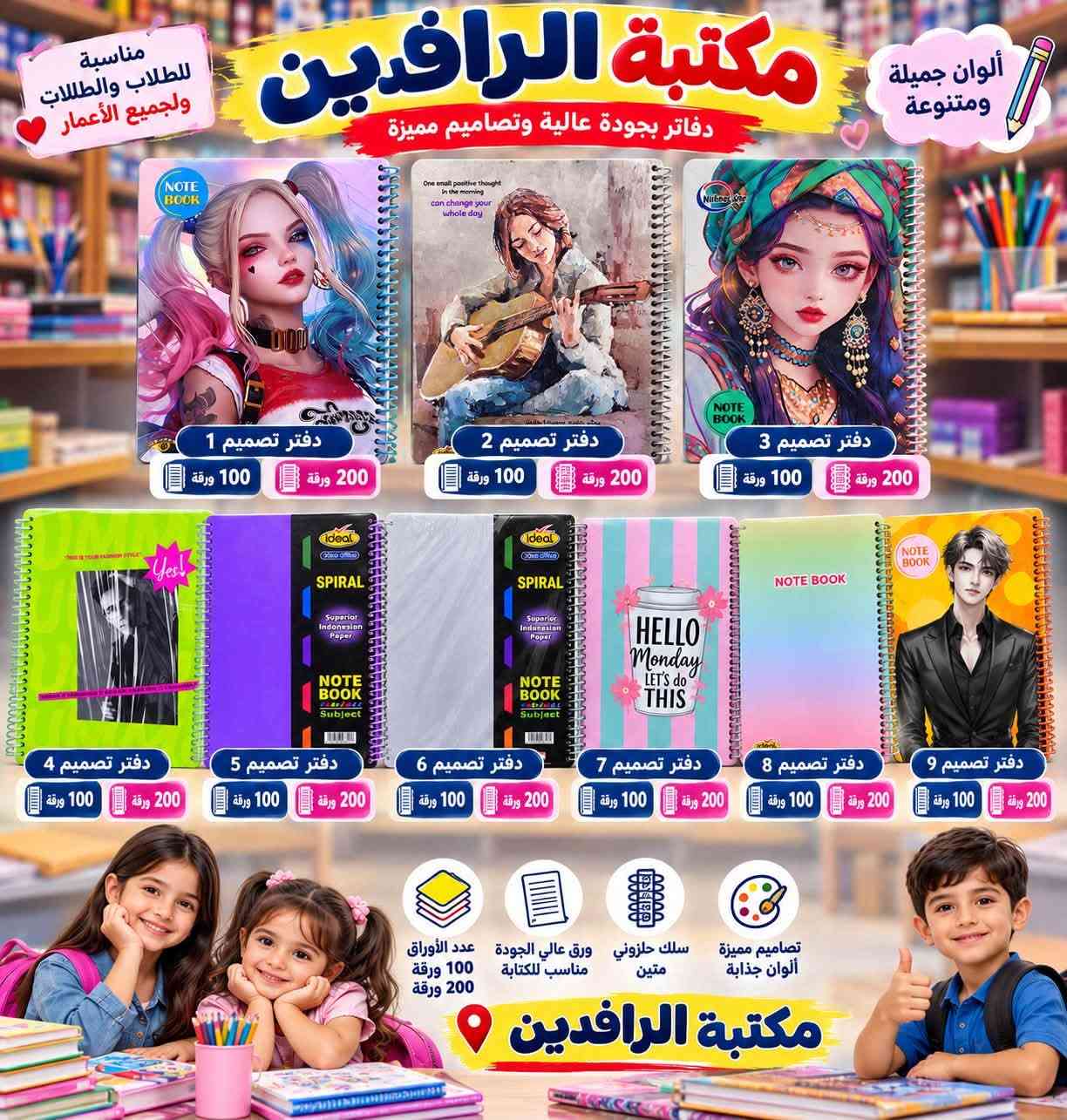�✨ عام دراسي جديد.. وبداية مليئة بالنجاح والتفوق ✨📚
نتمنى لطلبتنا الأعزاء عامًا دراسيًا موفقًا، مليئًا بالنجاح والتميز وتحقيق أعلى الدرجات ❤️🌹

🎒 كل ما يحتاجه الطالب تجدونه لدى مكتبة الرافدين
دفاتر وسجلات • أقلام وقرطاسية • حافظات • مستلزمات مدرسية • والعديد من التجهيزات بتشكيلة واسعة.

📍 العنوان: السنية – الشارع التجاري – مقابل جمعية دنگة التجارية
📱 للاستفسار: ***********

مكتبة الرافدين… كل مستلزماتكم الدراسية بمكان واحد ❤

نص مكتوب في الصور:
- مناسبة للطلبة والطالبات ولجميع الأعمار مكتبة الرافدين أقلام رصاص عالية الجودة أنواع متعددة بجودة ممتازة Deli ONE PIECE Deli NU SIGN MELASHI BLACK WOODEN MELASHI BLACK WOODEN Moonlit-S BLACK WOODEN Deli قلم رصاص ONE PIECE تصميم مميز مححب للطلاب Deli قلم رصاص NU SIGN تصميم أنيق وعصري مناسب للدراسة والمكتب MELASHI قلم رصاص BLACK WOODEN خشب أسود مريح للكتابة وتصميم جذاب MELASHI قلم رصاص BLACK WOODEN جودة عالية مناسب لجميع الاستخدامات Moonlit-S قلم رصاص BLACK WOODEN خشب عالي الجودة مناسب للكتابة والرسم 2B رأس قوى وكتابة ناعمة HB كتابة واضحة وانسيابية مسكة مريحة وتقلل الانزلاق رأس متين وسهل البري غامق وواضح مناسب للرسم والكتابة مناسبة للطلبة والطالبات جودة عالية كتابة ناعمة متينة وسهلة البري مكتبة الرافدين
- مكتبة الرافدين كل ما تحتاجه للمدرسة في مكان واحد أدوات مدرسية بجودة عالية ولجميع الأعمار أقلام ملونة دفاتر خط ولجميع المعلمين والمدرسين أقلام جاف ملونة ألوان زاهية وجودة عالية أقلام جاف شفافة ملونة كتابة ناعمة وانسيابية أقلام ماركر ملونة مناسبة للكتابة والتلوين دفاتر خط للمعلمين والمدرسين دفتر تحضير الدروس مناسب للمعلمين والمدرسين دفتر الشؤون الإدارية للمدرسين والإداريين سجل الدوام والحضور تصميم أنيق ومتين دفتر ملاحظات مناسب لجميع الاستخدامات دفتر خط تصميم جميل وجودة عالية مكتبة الرافدين مناسبة لجميع المعلمين والمدرسين
- مكتبة الرافدين كل ما تحتاجه للمدرسة في مكان واحد مناسبة للطلاب والطالبات ولجميع الأعمار لانش بوكس بررسومات مميزة للأطفال لانش بوكس ألوان مختلفة لانش بوكس موفر ومحكم قناني ماء للأطفال قناني ماء رياضية للطلاب والطالبات قناني ماء معزولة جرارة وبرودة ألوان وأشكال مميزة جودة عالية متنوعة ومناسبة لجميع الأعمار جميع مستلزمات المدرسة متوفرة لدينا مستلزمات مدرسية متنوعة مكتبة الرافدين
- مكتبة الرافدين كل ما تحتاجه للمدرسة في مكان واحد مناسبة للطلاب والطالبات ولجميع الأعمار أدوات مدرسية بجودة عالية ومتنوعة المساحات مساحات متنوعة وبجودة عالية مسح نظيف وسهل مناسبة لجميع الأعمار أنواع متعددة وأشكال مختلفة المقطات مقطات أقلام متنوعة أشكال وألوان متعددة شفرة حادة وجودة عالية مناسبة لجميع الأعمار أقلام السبورة أقلام سبورة بألوان متعددة وواضحة كتابة واضحة وسهلة المسح ألوان متعددة جودة عالية ومناسبة للاستخدام اليومي مناسبة للمدرسة والمكتب ألوان ثابتة وواضحة سهلة المسح مكتبة الرافدين
- أشكال وألوان مميزة جودة عالية مناسبة للطلاب والطالبات مكتبة الرافدين كل ما تحتاجه للمدرسة في مكان واحد حافظات مدرسية متنوعة جميع الأعمار بتصاميم حديثة حافظات كارتونية حافظات أولاد حافظات بنات حافظات ساده وأنيقة حافظات كبيرة ومتعددة الطبقات حافظات بسحاب قوي وجودة عالية تصاميم تناسب جميع الأذواق مناسبة للمدرسة ولجميع الأعمار مكتبة الرافدين
- مكتبة الرافدين دفاتر بجودة عالية وتصميم مميزة ألوان جميلة ومتنوعة مناسبة للطلاب والطالبات ولجميع الأعمار دفتر تصميم 1 100 ورقة 200 ورقة دفتر تصميم 2 100 ورقة 200 ورقة دفتر تصميم 3 100 ورقة 200 ورقة دفتر تصميم 4 100 ورقة 200 ورقة دفتر تصميم 5 100 ورقة 200 ورقة دفتر تصميم 6 100 ورقة 200 ورقة دفتر تصميم 7 100 ورقة 200 ورقة دفتر تصميم 8 100 ورقة 200 ورقة دفتر تصميم 9 100 ورقة 200 ورقة عدد الأوراق 100 ورقة 200 ورقة ورق عالي الجودة مناسب للكتابة سلك حلزوني متين تصميم مميزة ألوان جذابة مكتبة الرافدين